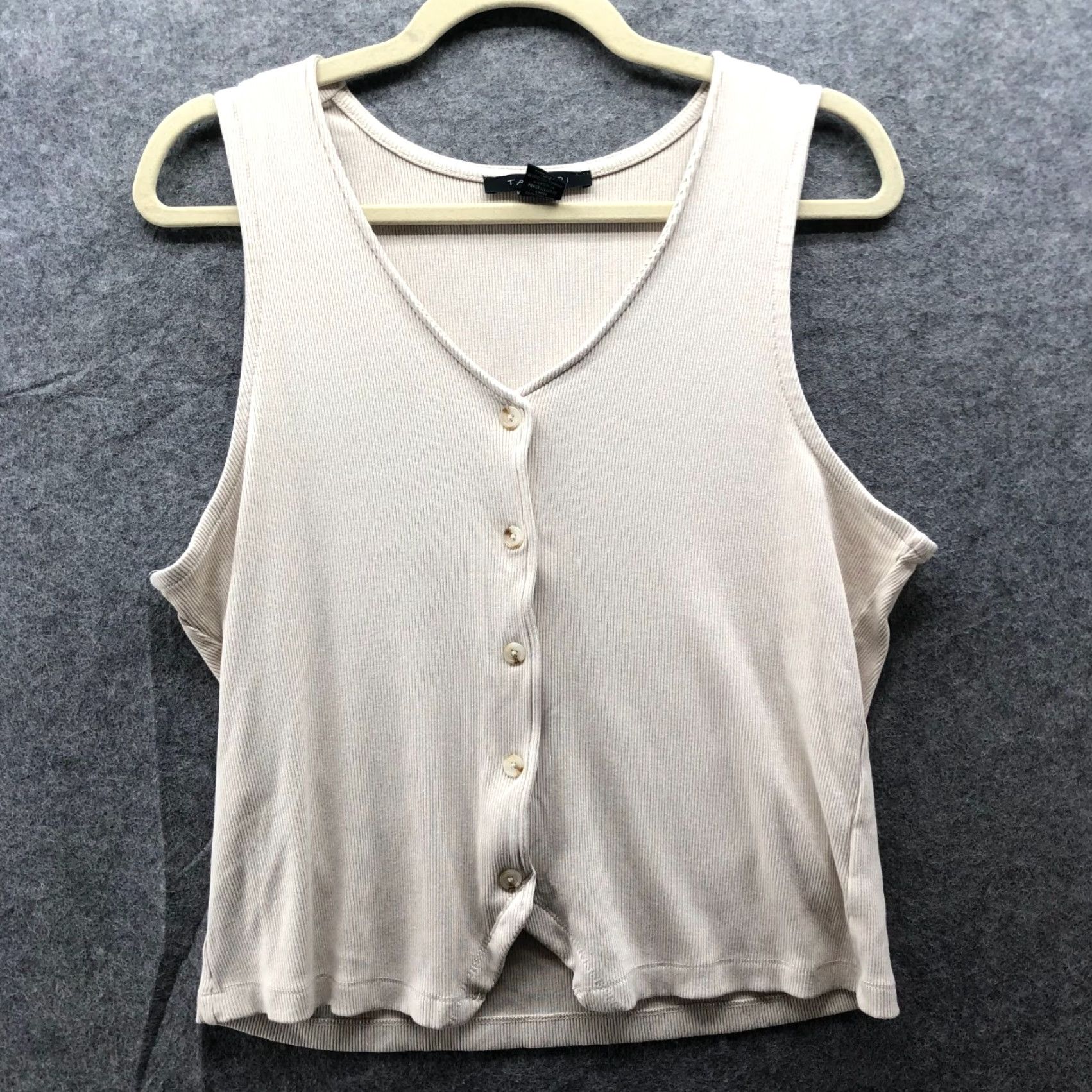Vintage Tahari Tank Womens XL Beige Ribbed Button Front V-Neck Stretch Jersey Knit Size XL / US 12-14 / IT 48-50 - 2 Thumbnail