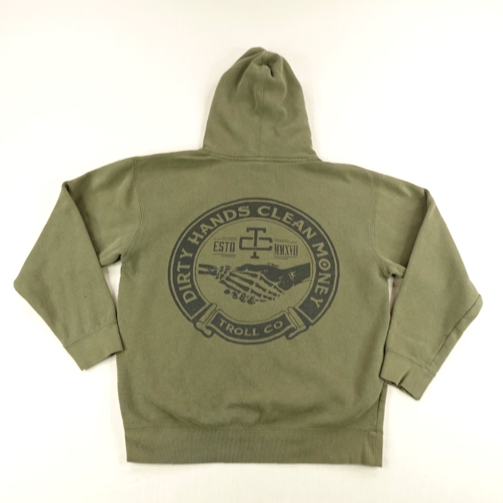 VINTAGE Troll Co Hoodie Mens Medium Green Dirty Hands Clean Money Pullover Sweatshirt