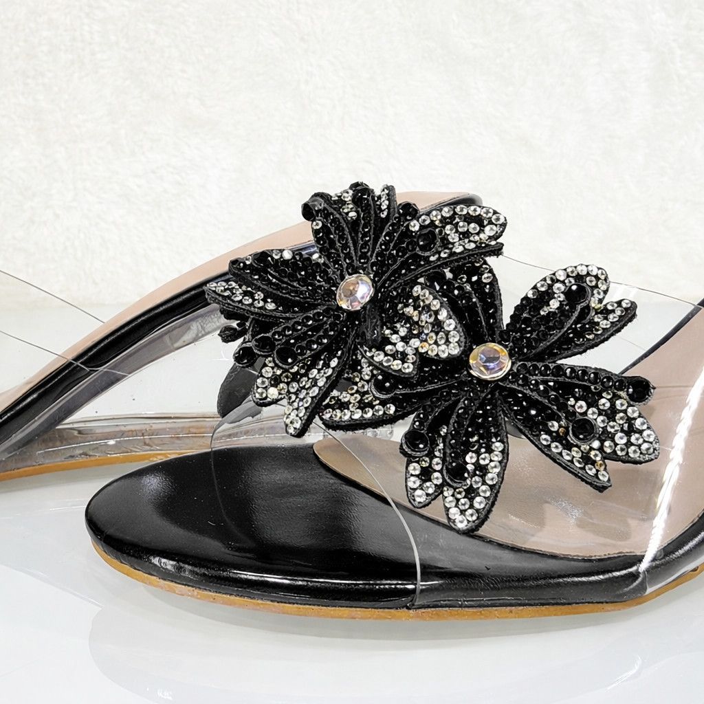 Other Eva Rhinestone Flower Black Slip On 2.5" Wedge Heel Casual E Size US 6 / IT 36 - 3 Thumbnail