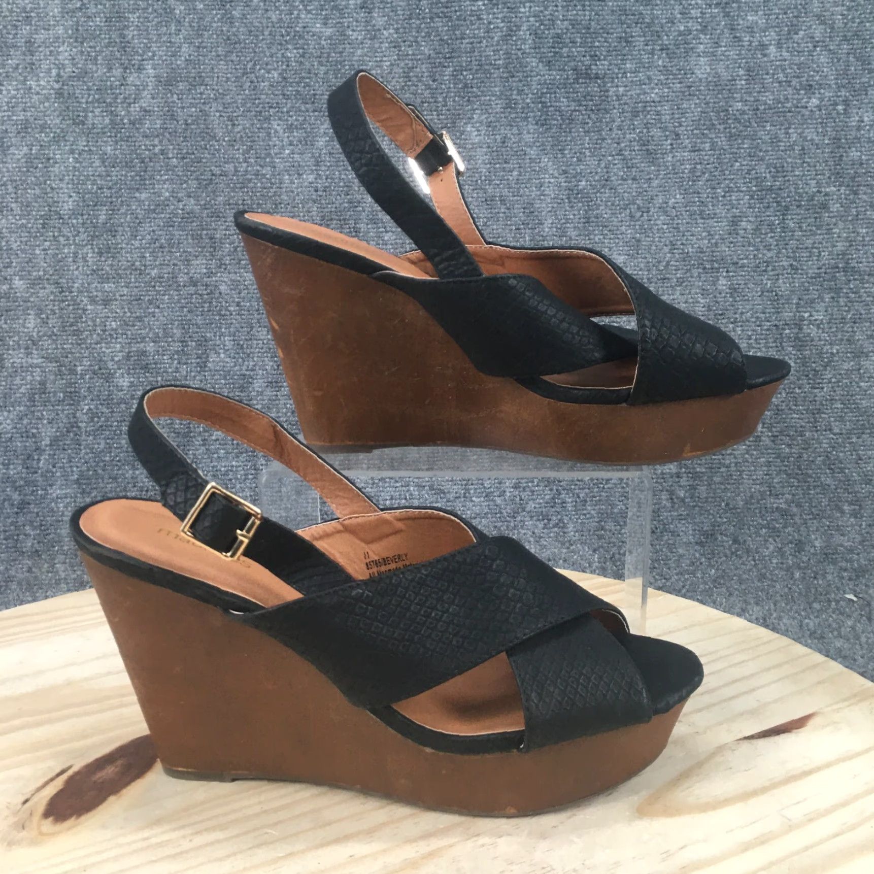 Vintage Maurices Sandals Womens 11 Beverly Slingback Wedge Heels Black Faux Leather Size US 11 / IT 41 - 2 Thumbnail