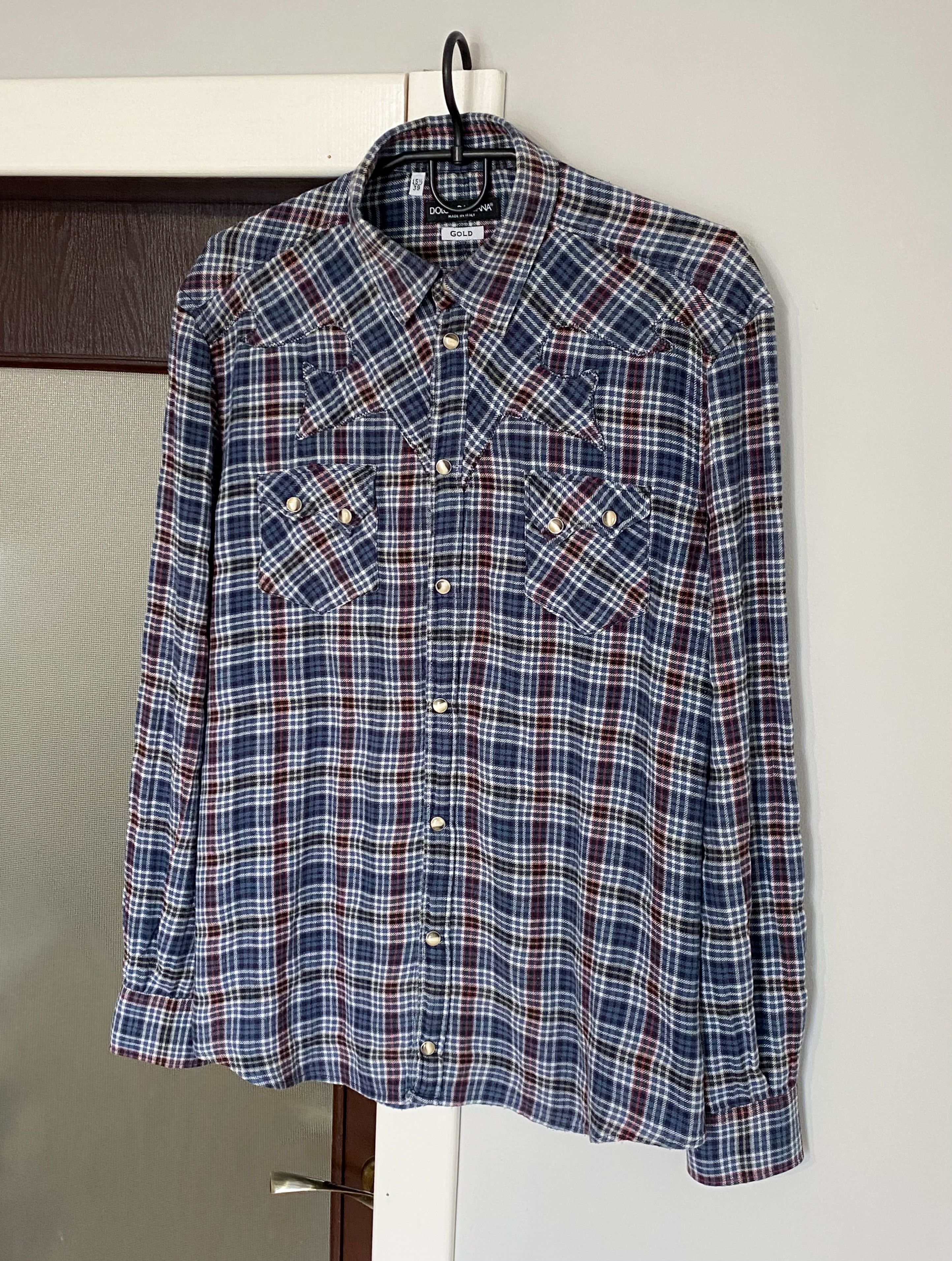 image of Dolce Gabbana Gold Flannel Plaid Shirt in Blue, Men's (Size Medium)