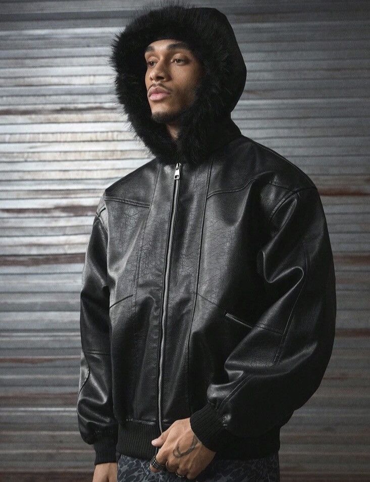 Japanese Brand Black Faux Leather Bomber Jacket with Fur Lining Size US XL / EU 56 / 4 - 2 Thumbnail