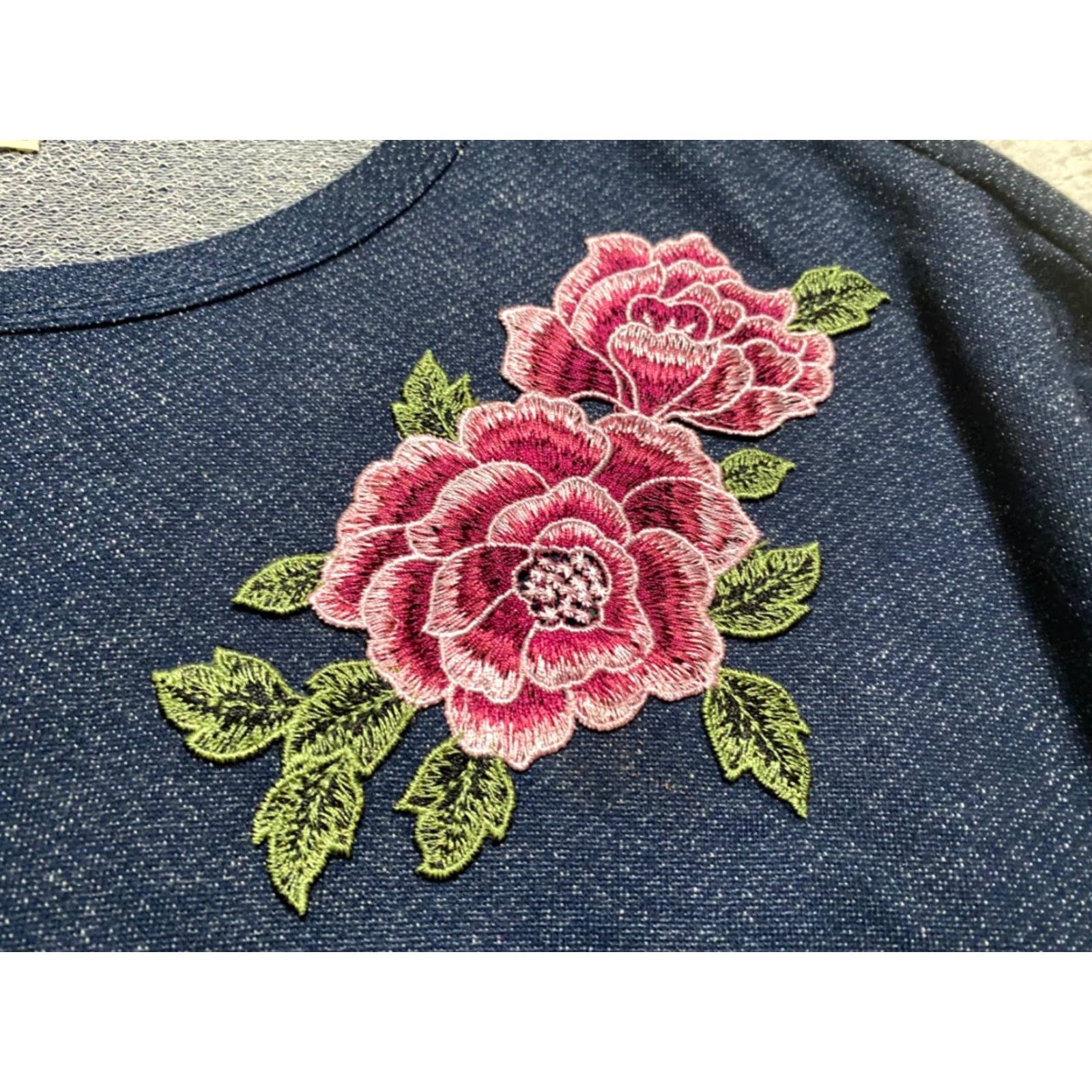 Vintage Pleione Womens 2X Plus Shirt 3/4 Sleeve Solid Blue Round Neck Floral Pullover Size XXL / US 16-18 / IT 52-54 - 4 Thumbnail