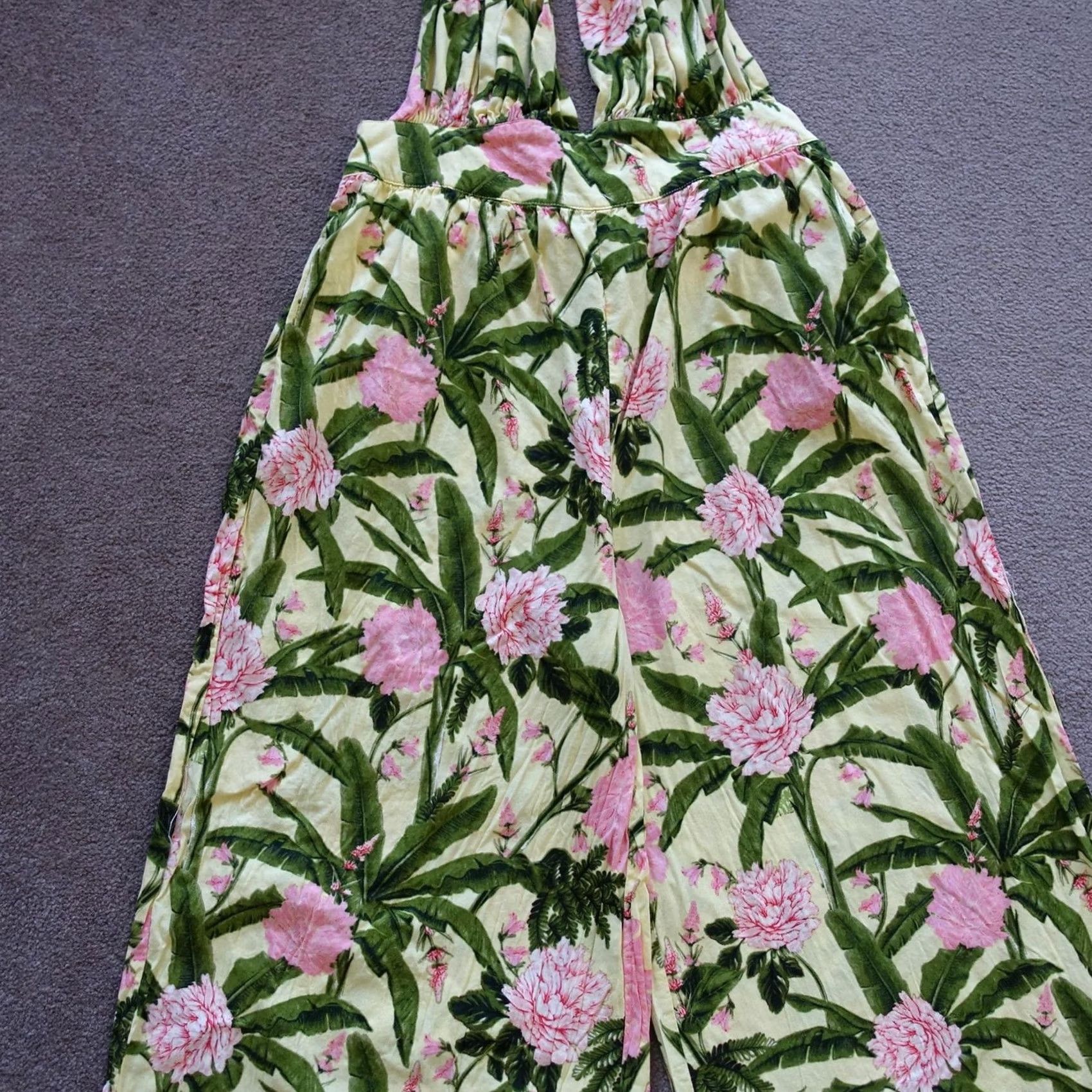 Vintage Aguabendita Jumpsuit Womens XL Yellow Floral Halter Wide Leg Tropical Target Size 40" / US 18 - 3 Thumbnail
