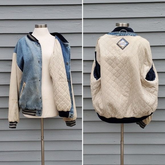Vintage Vintage 90s y2k Varsity 2 Tone Blue Jean Tan Denim Bomber Size US L / EU 52-54 / 3 - 3 Thumbnail