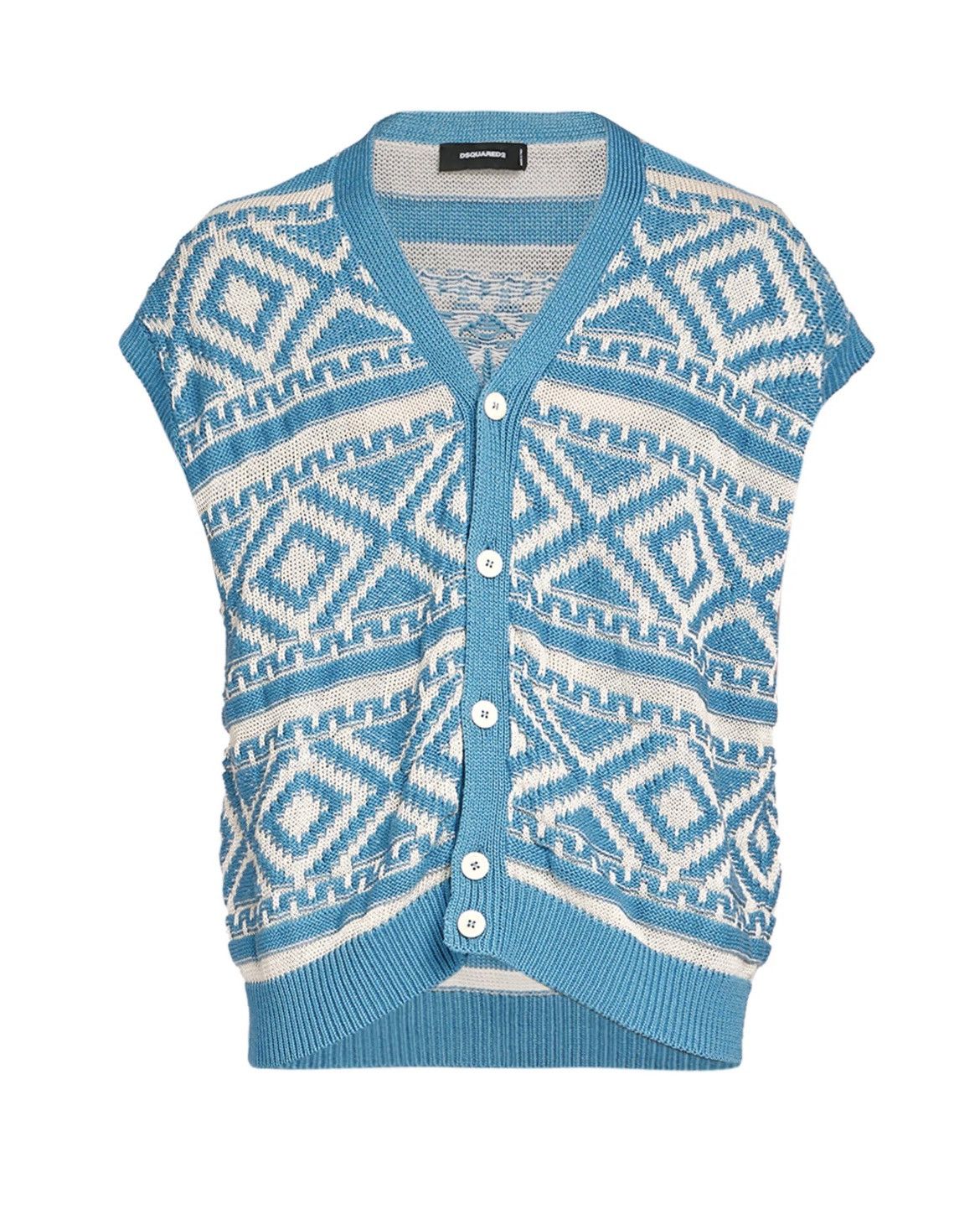 image of Dsquared2 Cotton Linen-Blend Jacquard Sweater Vest Cardigan in Blue, Men's (Size XL)