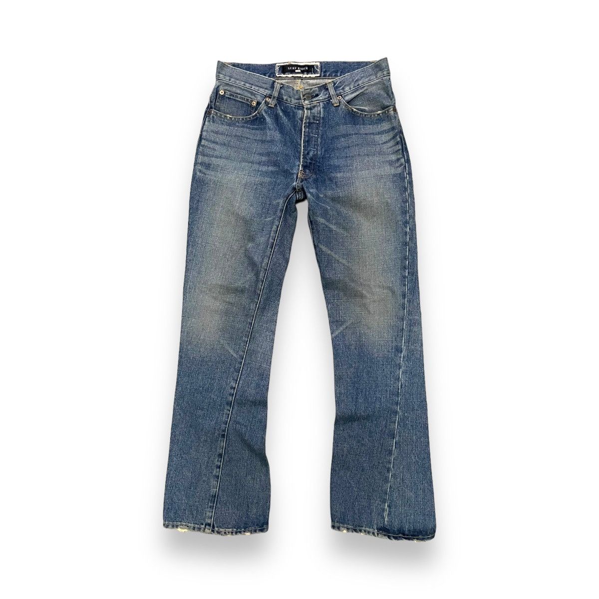If Six Was Nine × Japanese Brand × Le Grande Bleu (L.G.B.) 🇯🇵 SURF RIDER SPIRAL CUT FLARED DISTRESSED DENIM PANTS Size US 30 / EU 46 - 1 Thumbnail