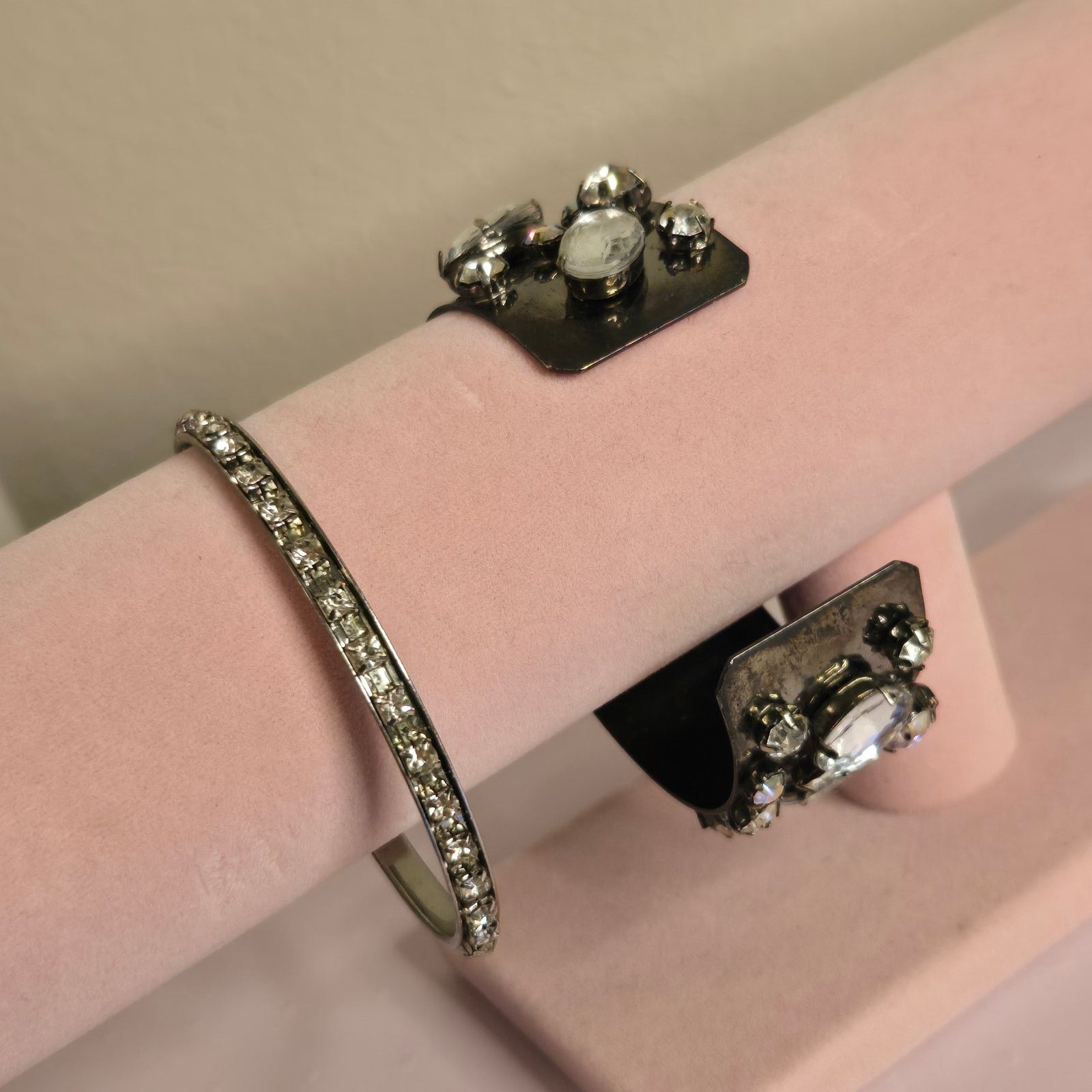 Vintage Clear Rhinestone Wide Bangle & Slender Tennis Bracelet Set Size ONE SIZE - 5 Thumbnail