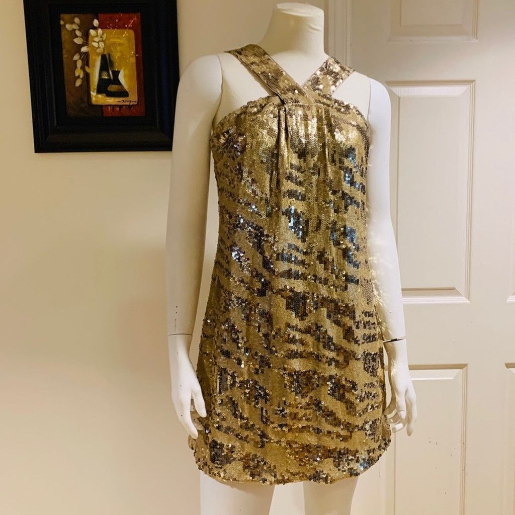 Rachel Zoe Rachel Zoe Gold Sequinned Halter Dress Size M Size M / US 6-8 / IT 42-44 - 1 Thumbnail