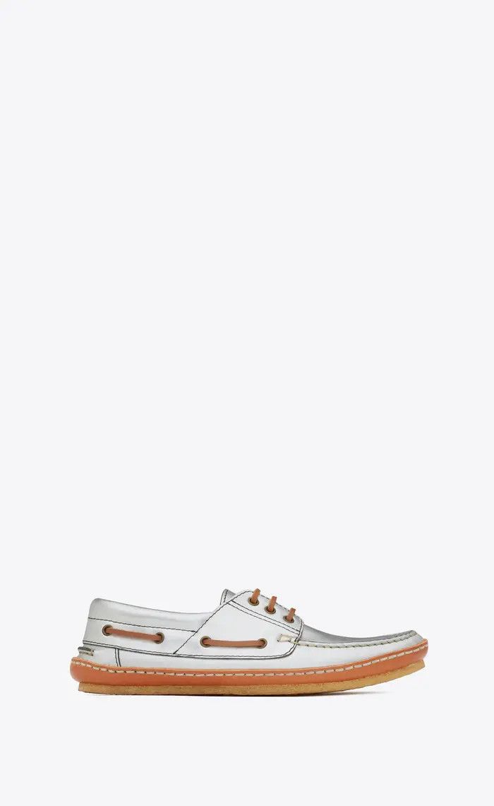 Saint Laurent Paris oc11z1225 731747 Ashe Boat Shoes in Metalized Leather Silver Size US 7.5 / EU 40-41 - 1 Thumbnail