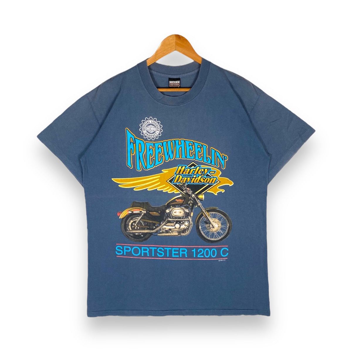 image of Harley Davidson x Indian Motercycles 1996 Harley-Davidson Freewheelin' Sportster 1200 C Tee in Blue