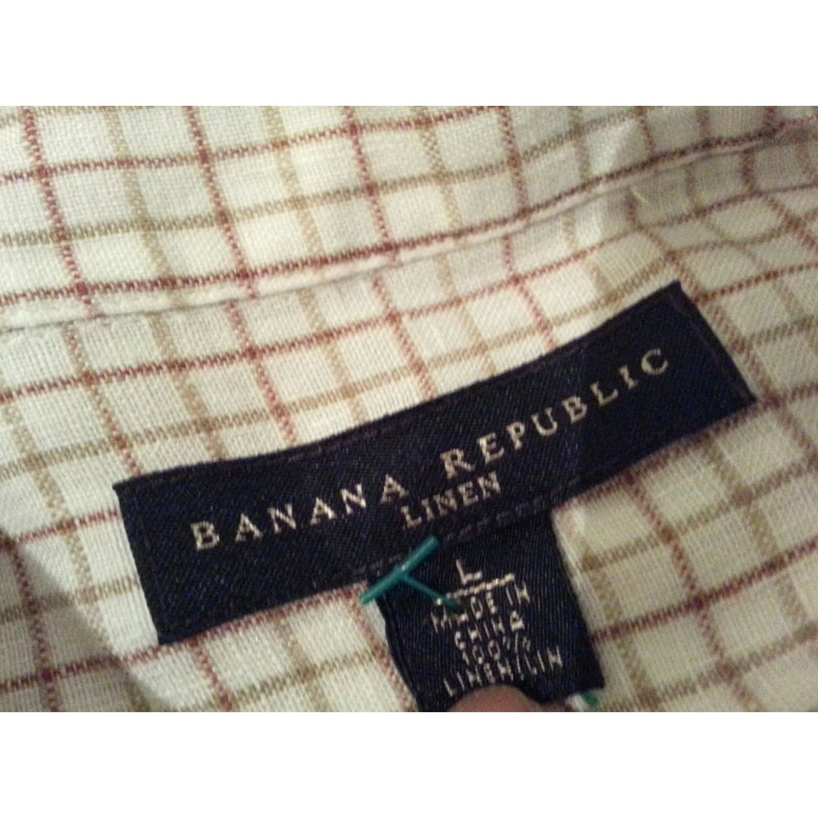 Banana Republic Mens Banana Republic Dress Shirt L Large Cream Linen Button Short Sleeve Size 42R - 4 Thumbnail