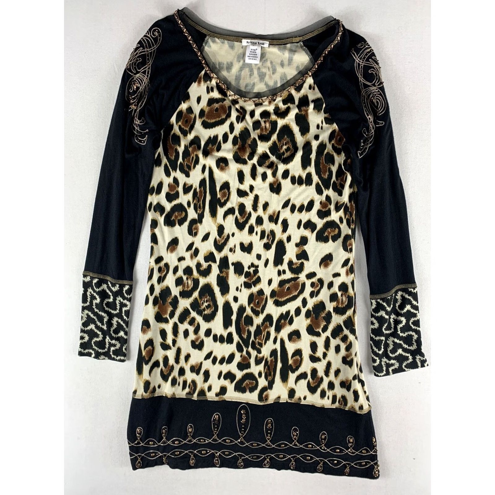 Lee KRISTA LEE DRESS WOMENS SMALL LEOPARD PRINT BLACK BEIGE LONGSLEEVE RINESTONES - Business Casual Size S / US 4 / IT 40 - 2 Thumbnail