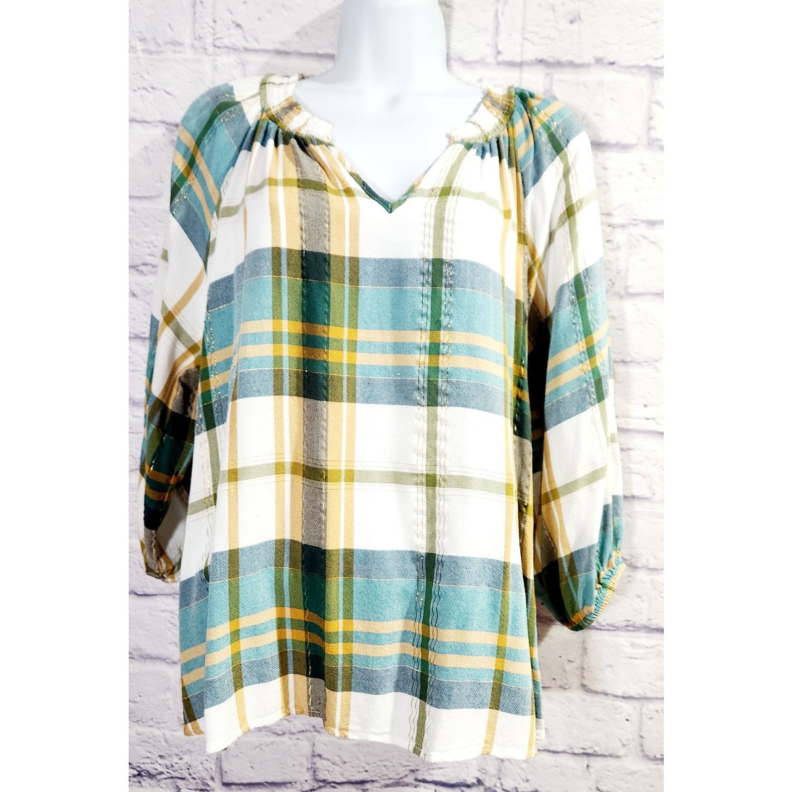 Other Cato White Green Gold Plaid V Neck Top 14W 16W Plus Size XXL / US 16-18 / IT 52-54 - 1 Thumbnail