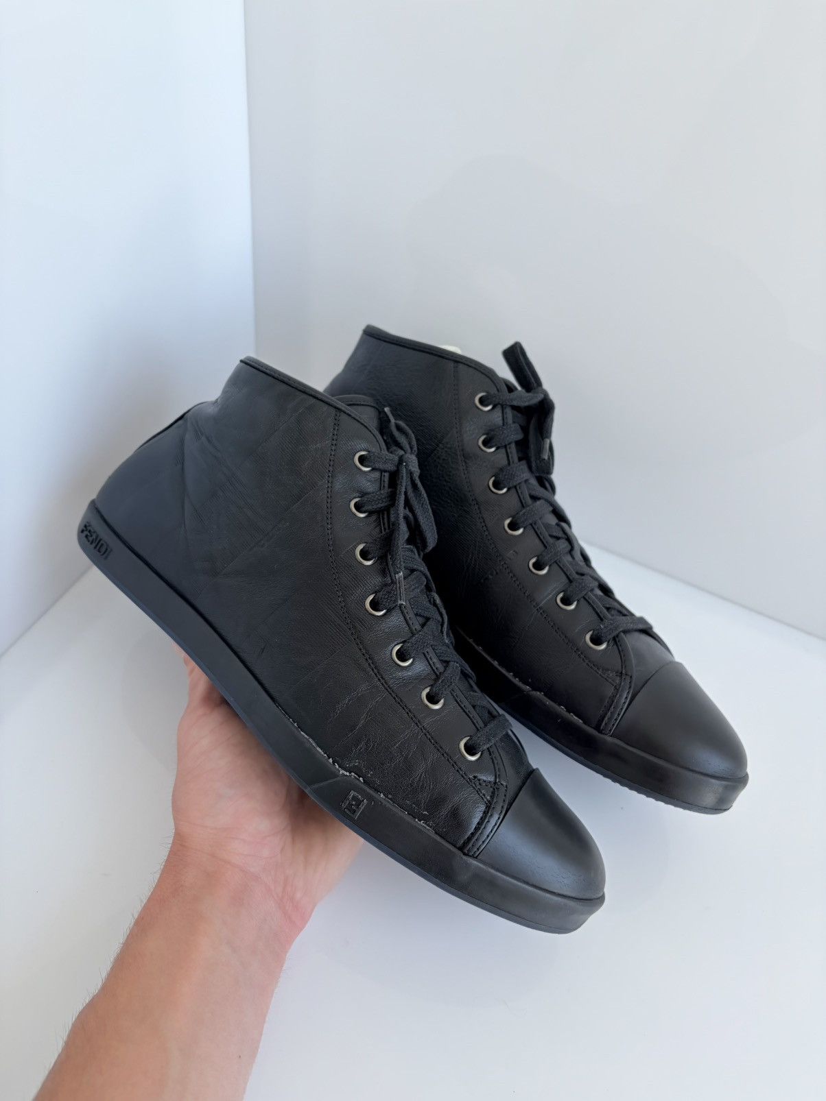 Fendi Fendi FF Black Leather High-Top Sneakers Shoes US8 EU41 Size US 8 / EU 41 - 1 Thumbnail