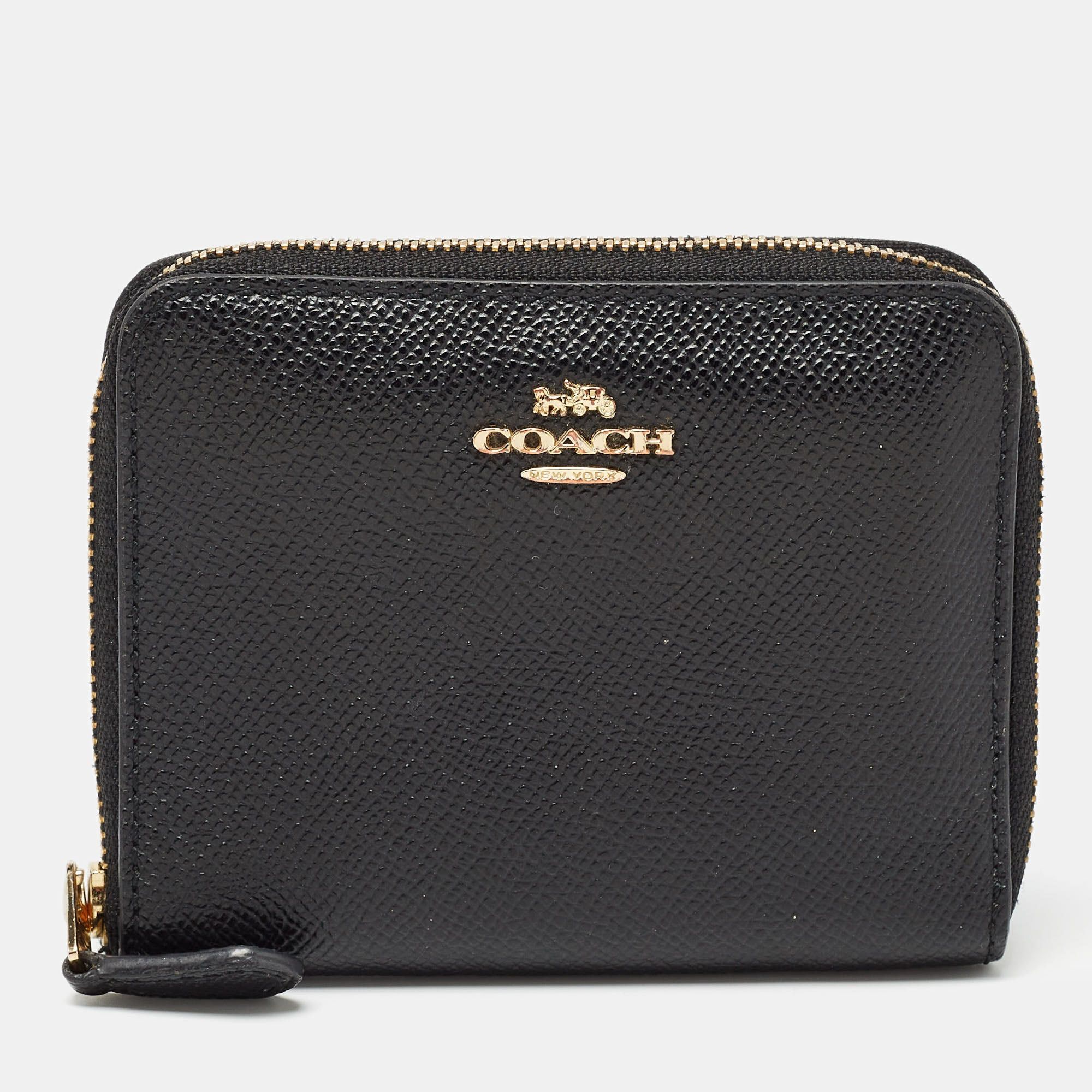 image of Coach Black Leather Zip Around Purse, Women's