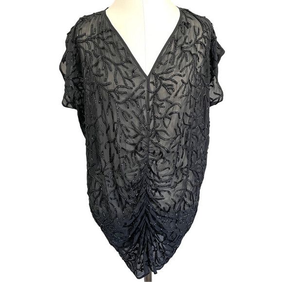 Vintage Vintage Black Beaded Silk Chiffon V-Neck Tunic Top Ruching Size M / US 6-8 / IT 42-44 - 2 Thumbnail