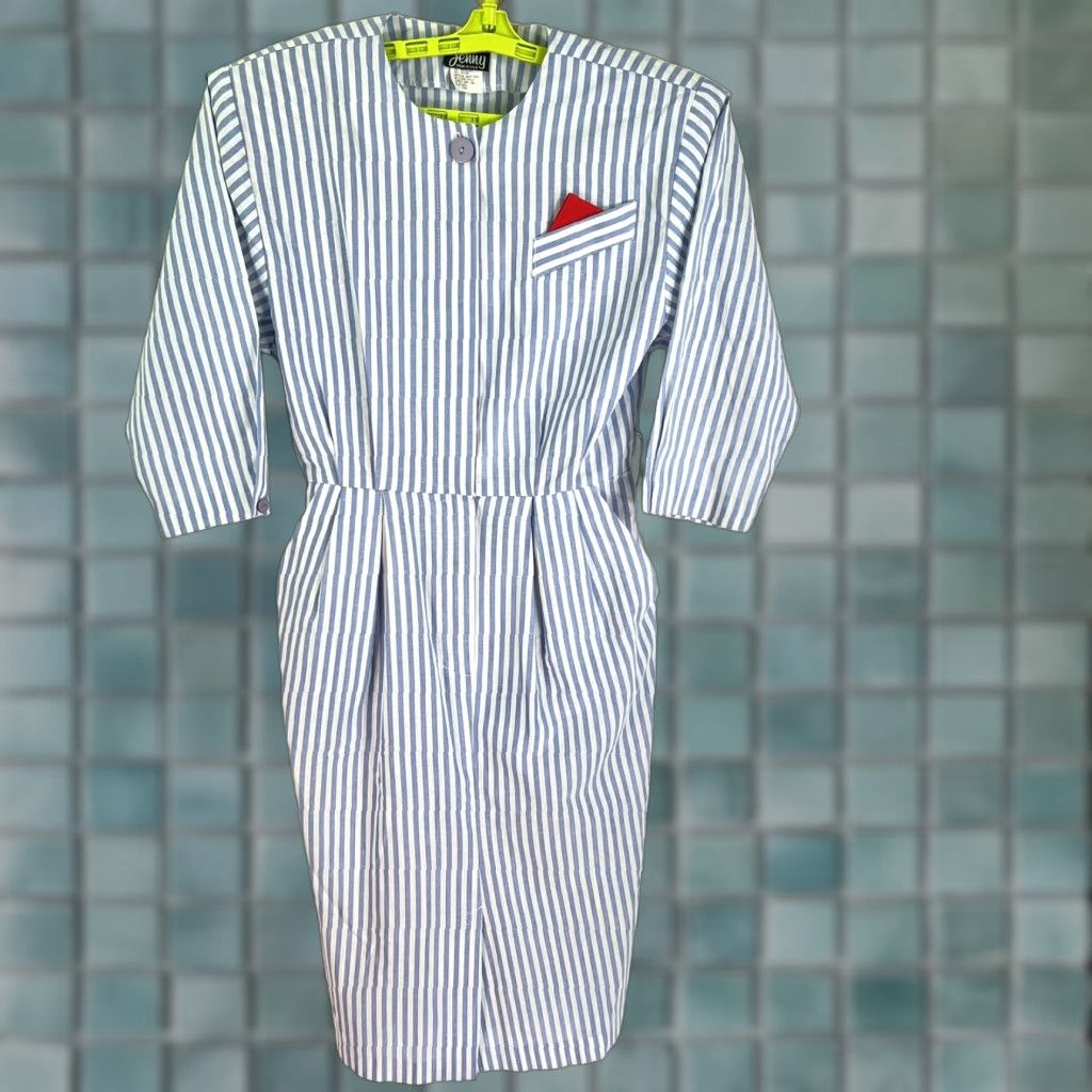 Vintage VINTAGE Jenny Striped Chambray Denim Dress Women's 10 Pockets Shoulder pads Dress Size L / US 10 / IT 46 - 1 Thumbnail