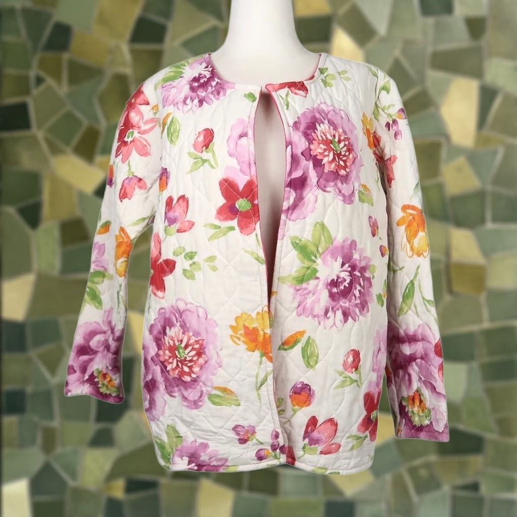 Pinko VINTAGE 90s White Pink Purple Floral Print Quilted Jacket M Women Short Spring Casual 90s Mens Women Girls Boys Size M / US 6-8 / IT 42-44 - 1 Thumbnail