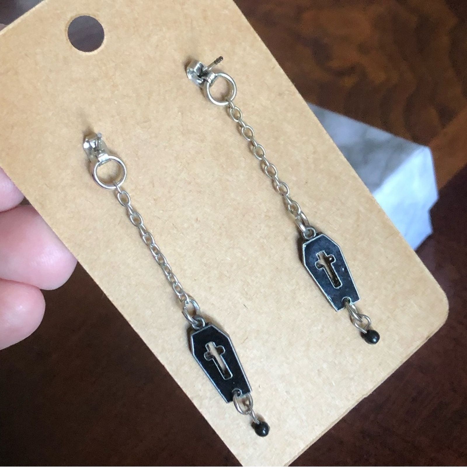 Jewelry Spooky Halloween black enamel bat with coffin earrings Size ONE SIZE - 4 Thumbnail