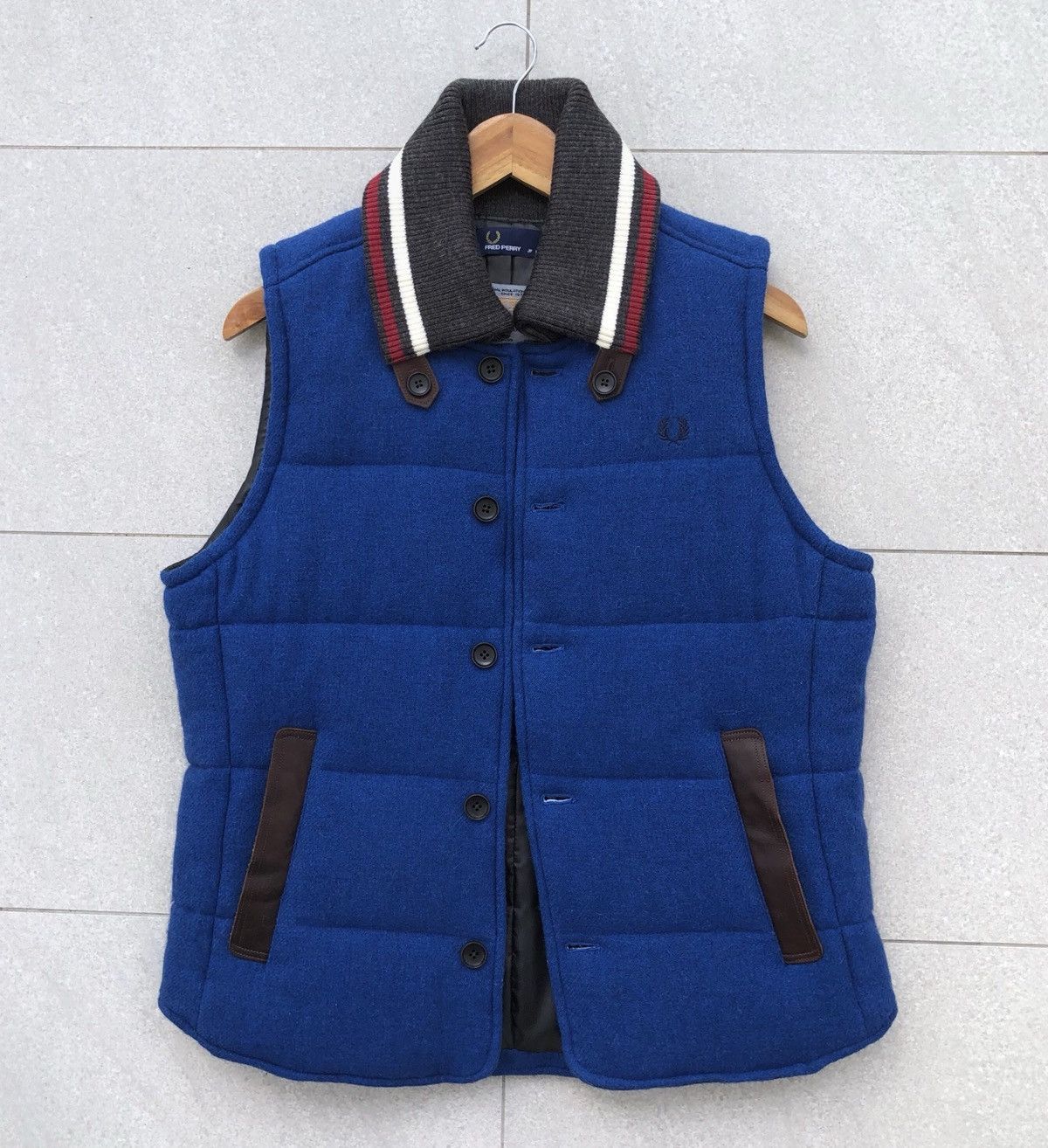 Fred Perry FRED PERRY Thermore Wool and Leather Blue Tweed Padded Vest Size US L / EU 52-54 / 3 - 1 Thumbnail