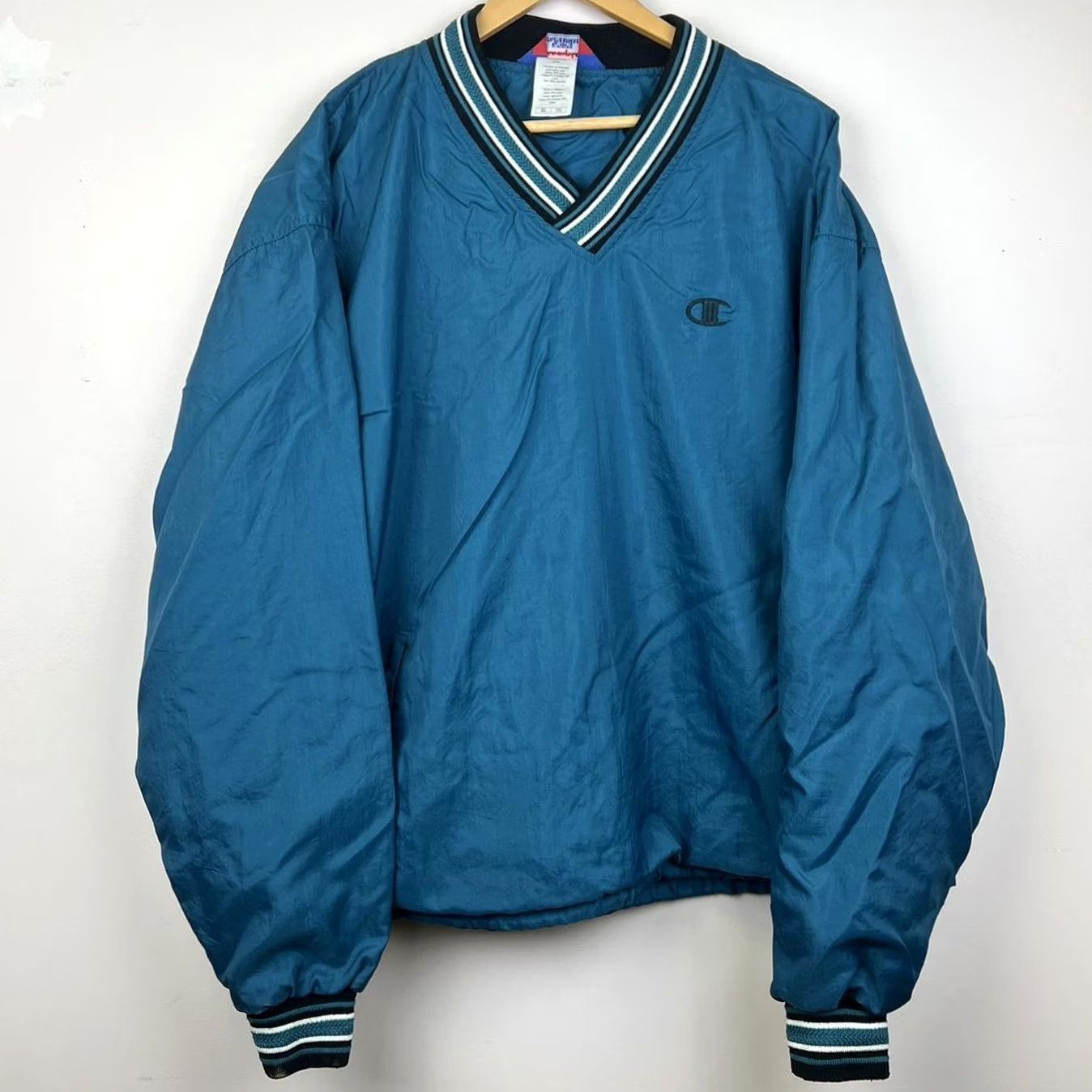 Champion VINTAGE Champion Jacket Windbreaker 90s Teal XL Mens Green V-Neck Pullover Lightweight Ribbed Cuffs Logo Size US XL / EU 56 / 4 - 2 Thumbnail