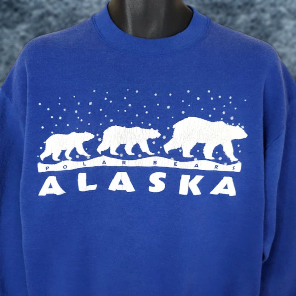 Jerzees VINTAGE Alaska Polar Bears Sweatshirt Mens Size Medium Blue 90s Animal Nature JERZEES Crew Neck Pullover Long Sleeve Cotton Blend Graphic Print Size US M / EU 48-50 / 2 - 1 Thumbnail