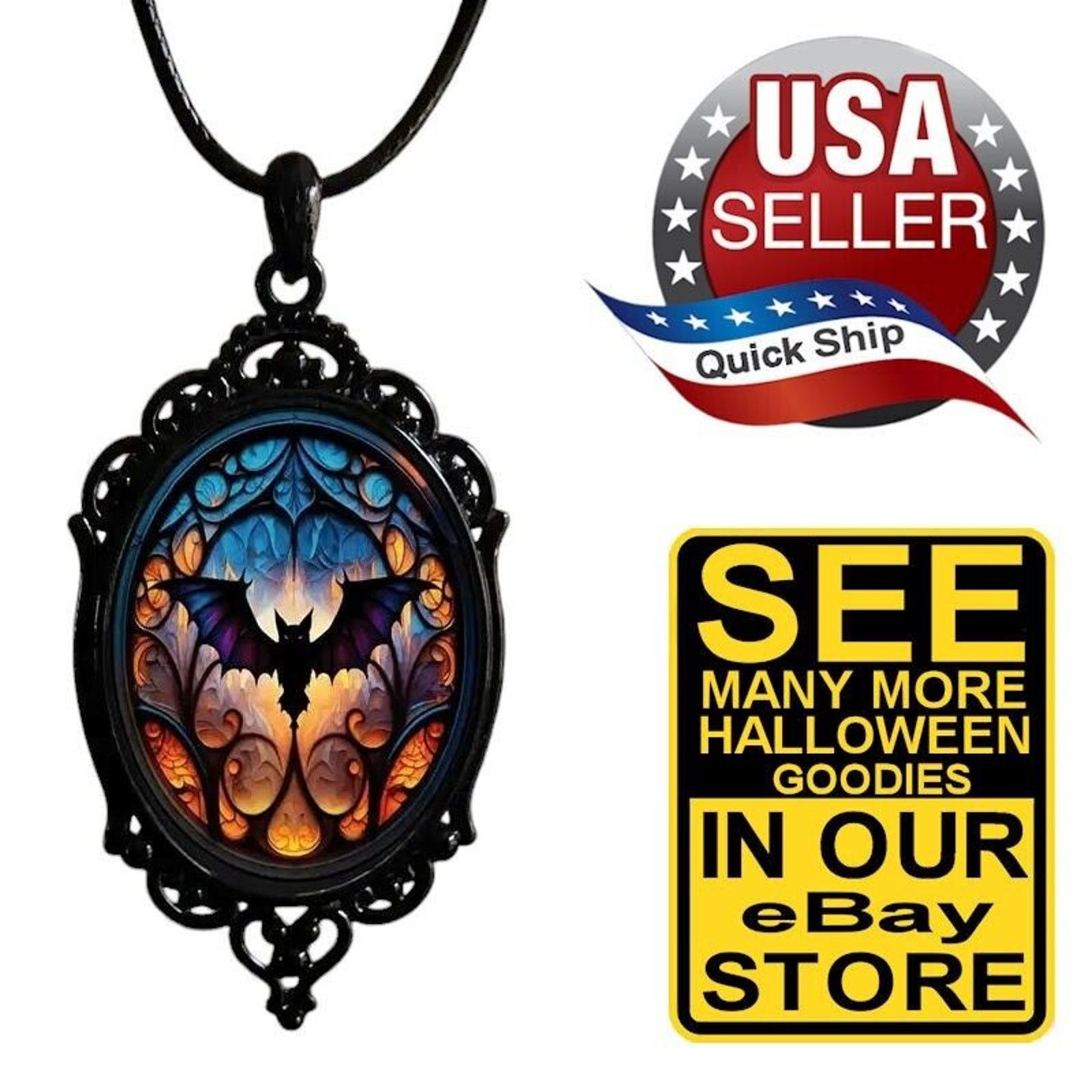 Other Gothic Halloween Retro Bat Design Necklace • Orange Black Size ONE SIZE - 1 Thumbnail