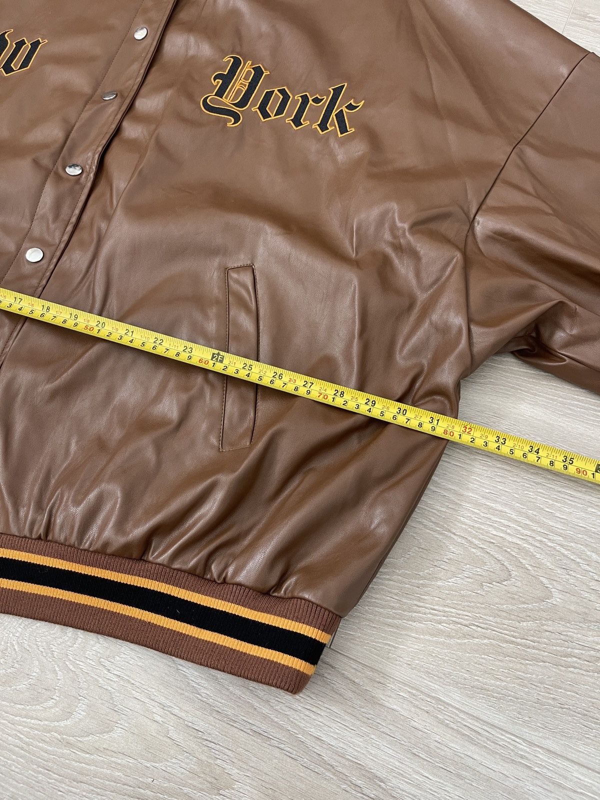 PrettyLittleThing Brown Faux Leather Varsity jacket with NEW YORK spelled out Size 3XL / US 20-22 - 12 Thumbnail
