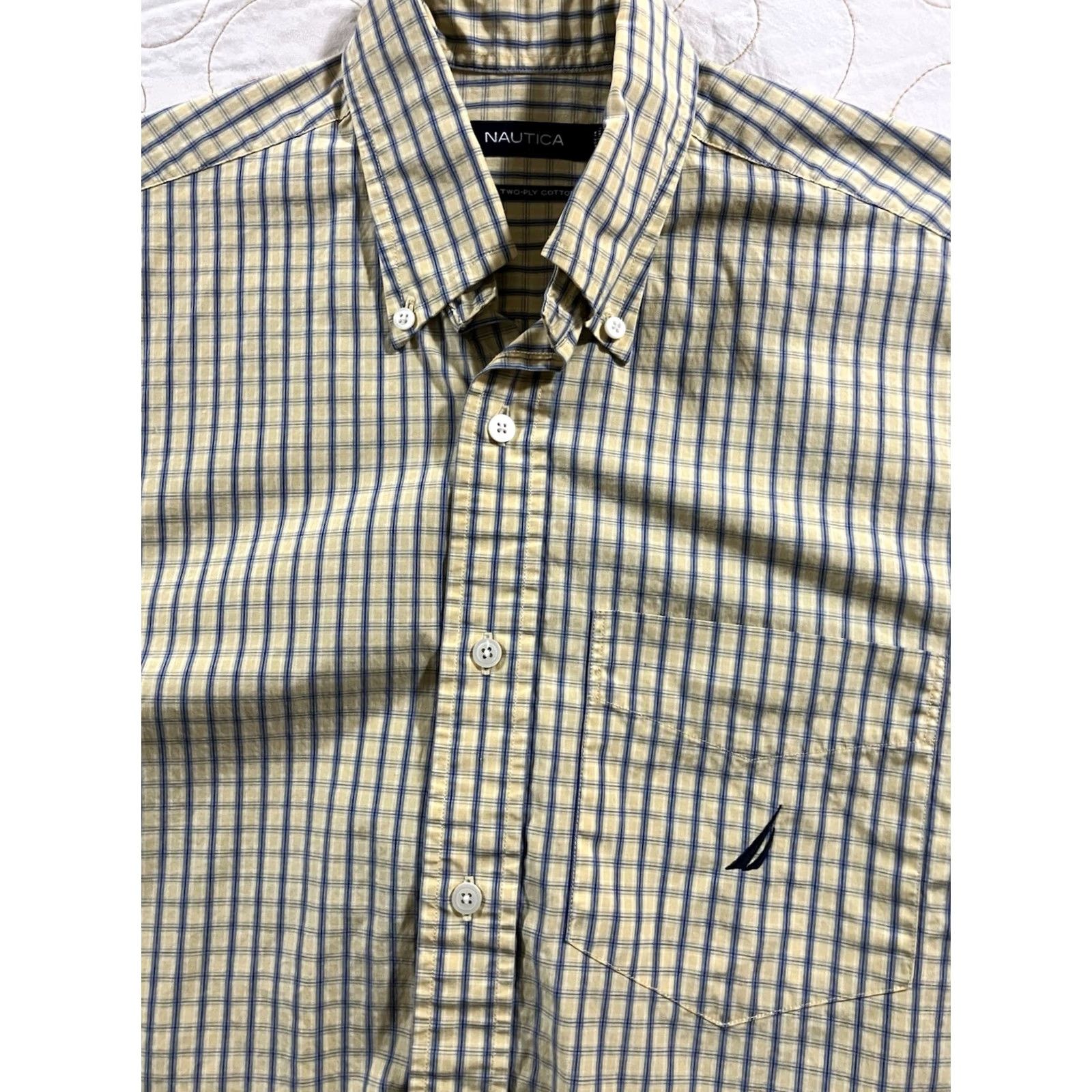 Nautica Nautica Shirt Men S Short Sleeve Button-Up Yellow Blue Two-Ply Cotton Shirts Mens Short Sleeve Button Up Yellow Blue S Size US S / EU 44-46 / 1 - 2 Thumbnail