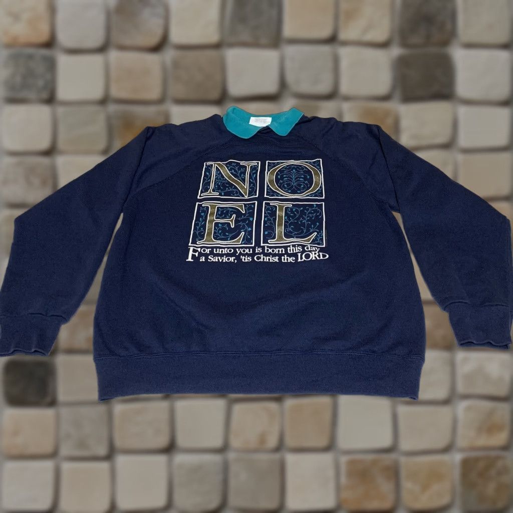 VINTAGE 90s Noel Christmas Mom Crewneck Sweatshirt With Collar Made In USA Size L Blue Sweatshirt Brindar Designs