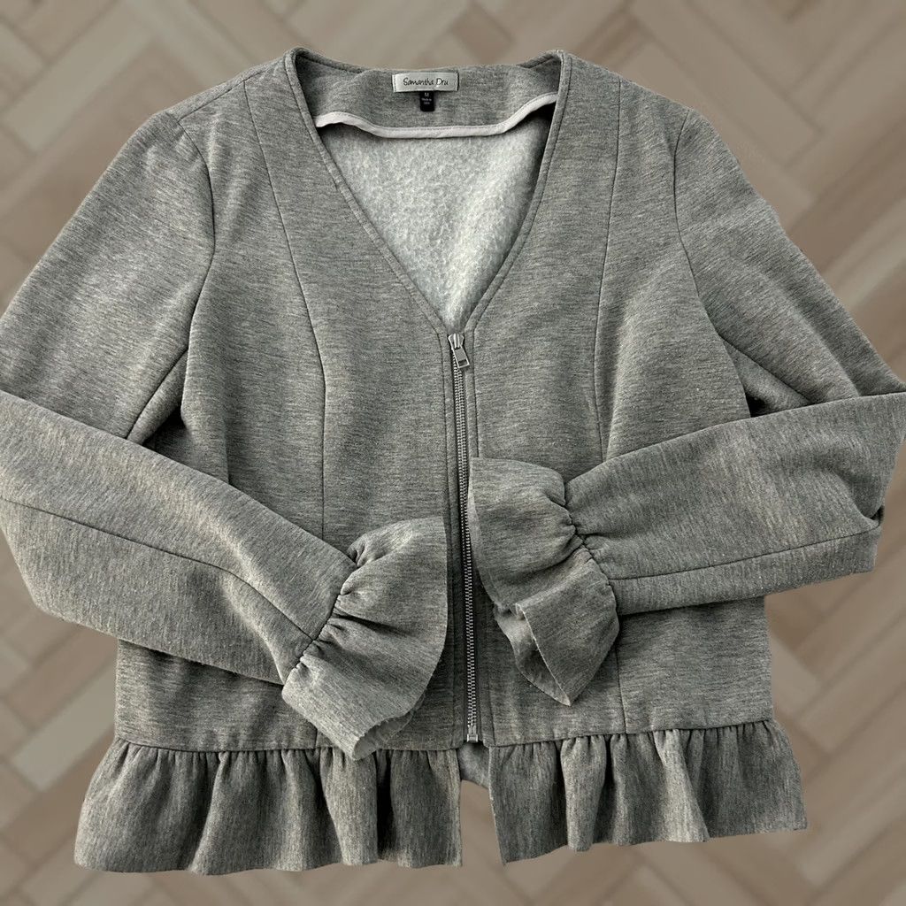 Vintage Samantha Dru Full Zip Sweatshirt Jacket Women's M Gray Ruffle Sleeve Activewear Dress/Shirt Clearout Size M / US 6-8 / IT 42-44 - 1 Thumbnail