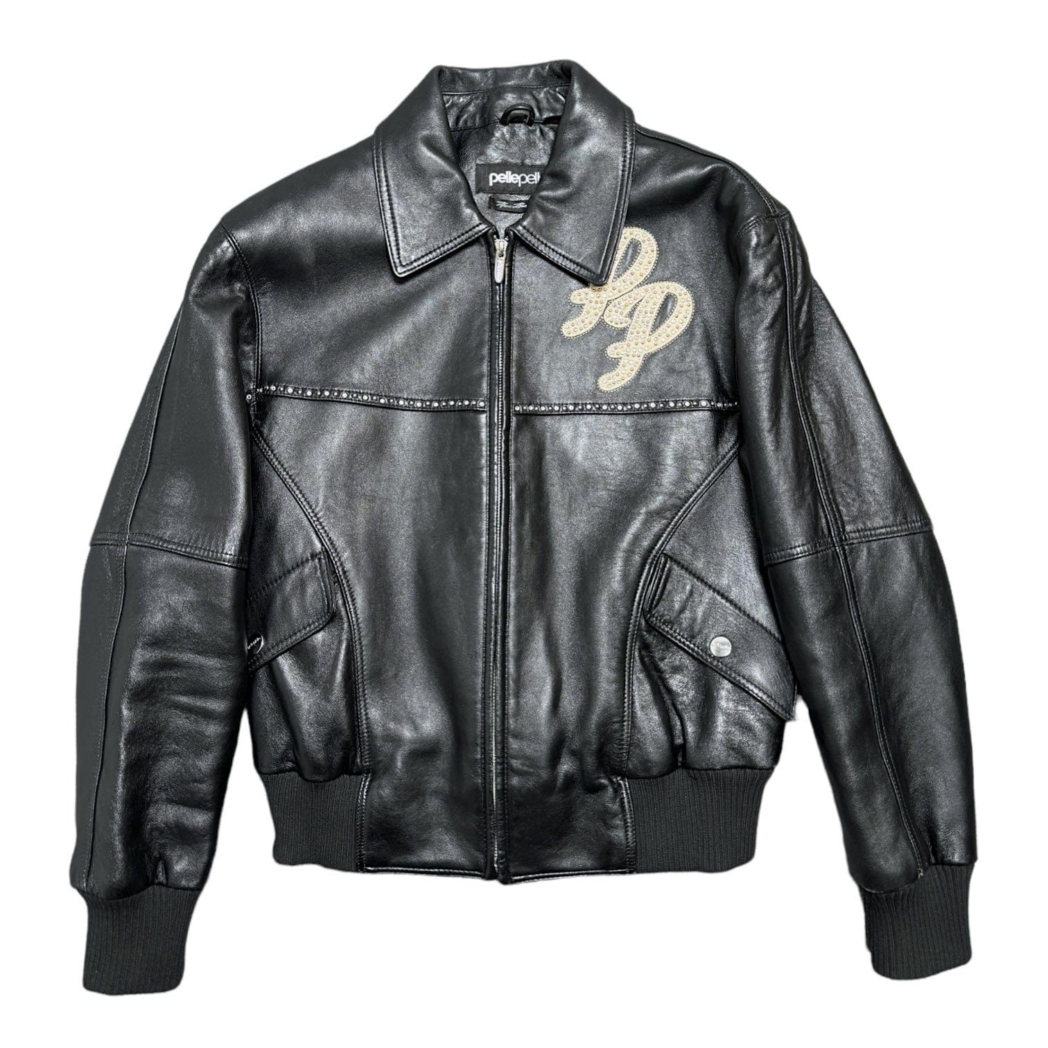 image of Pelle Pelle Script Logo Embellished Leather Jacket Black (W), Women's (Size Small)