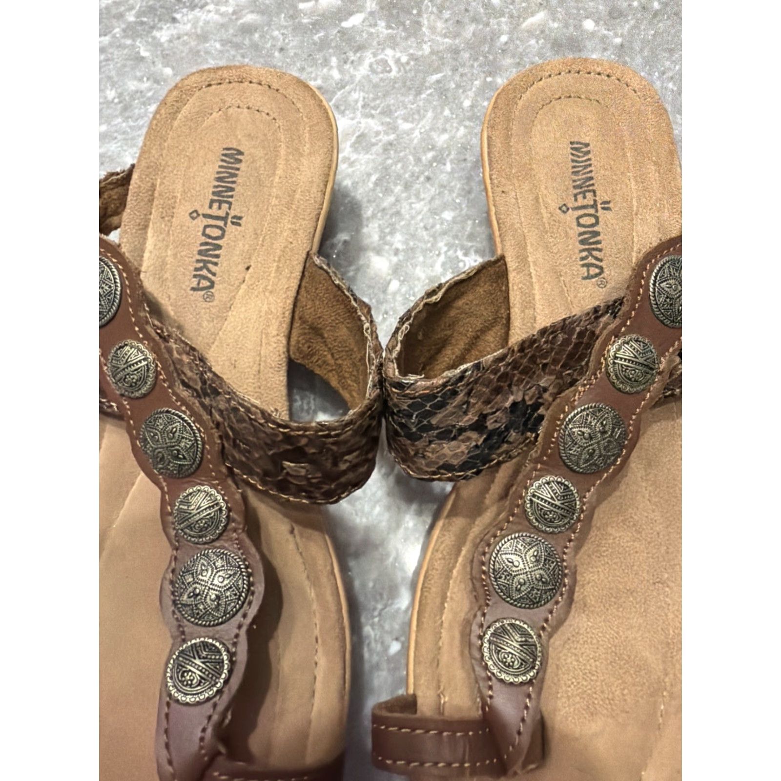 Minnetonka Minnetonka Brown Concho Keystone Whiskey Phyton Snakeskin Wedge Sandal - Slip On, Women, Size 8 Size US 8 / IT 38 - 2 Thumbnail