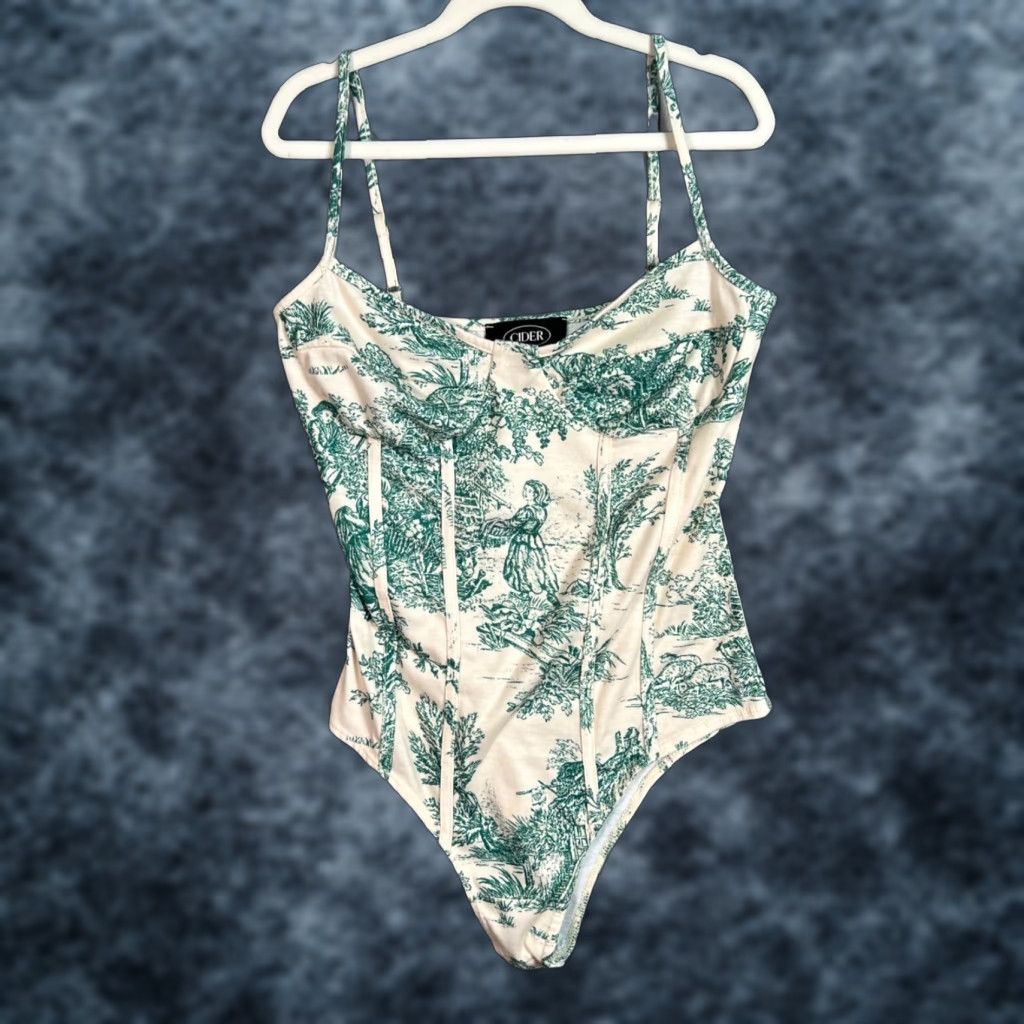 Cider Cider Bodysuit Shirt Womens XS Toile Print Adjustable Straps Green 90s Vintage Graphic Print Bodysuit Womens XS Green Size XS / US 0-2 / IT 36-38 - 1 Thumbnail
