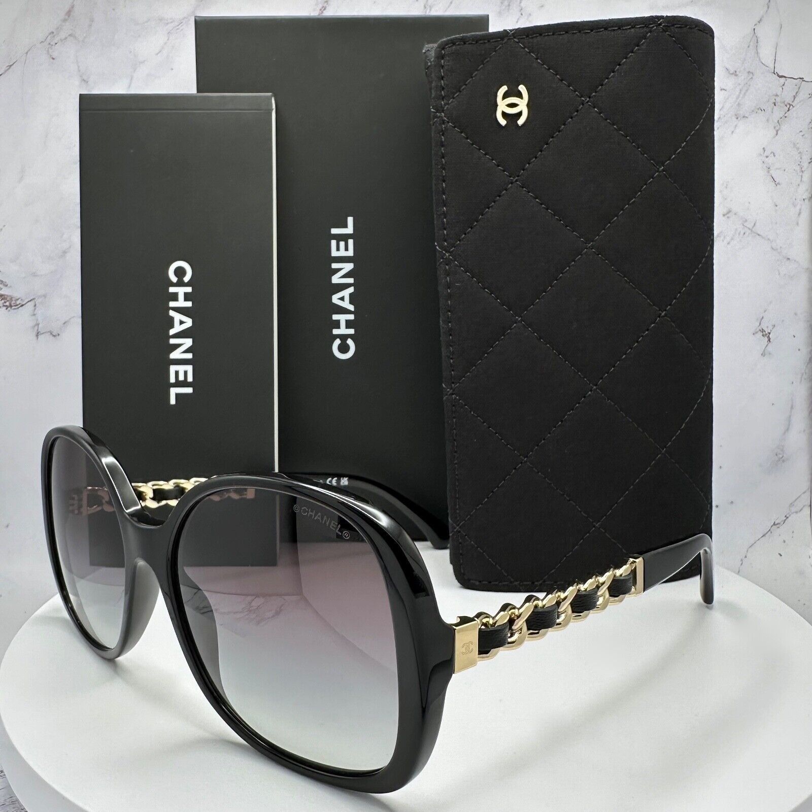 New CHANEL Sunglasses Black Gold Metal Chain CC Logo