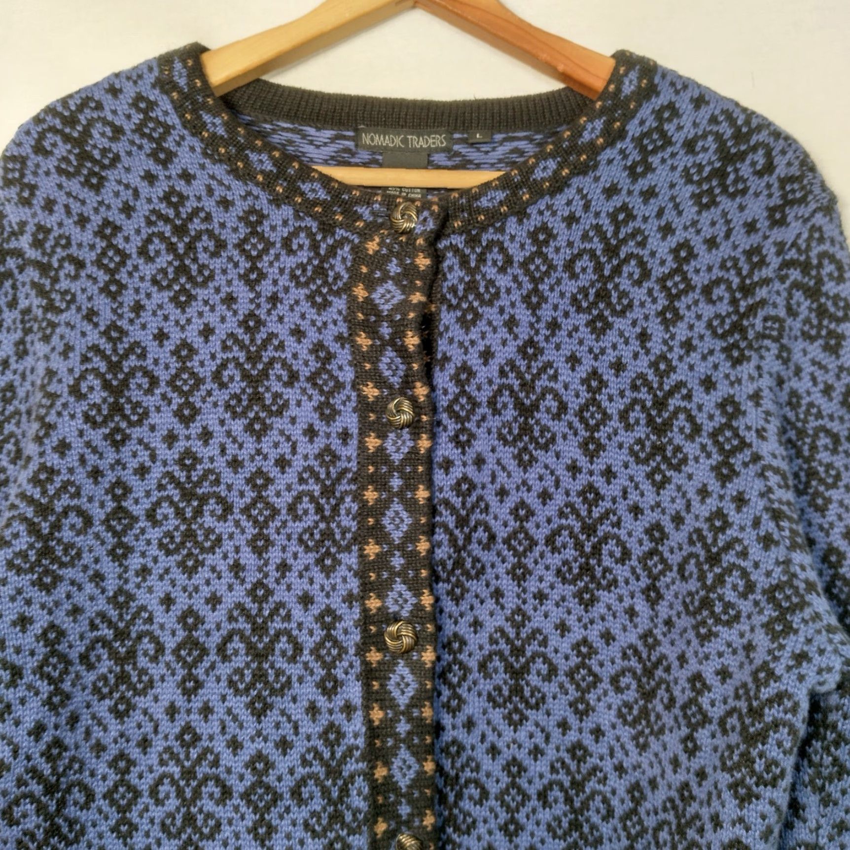 Vintage Nomadic Traders Cardigan Sweater Women L Blue Fleur Di Lis Button Up Nordic Size L / US 10 / IT 46 - 3 Thumbnail
