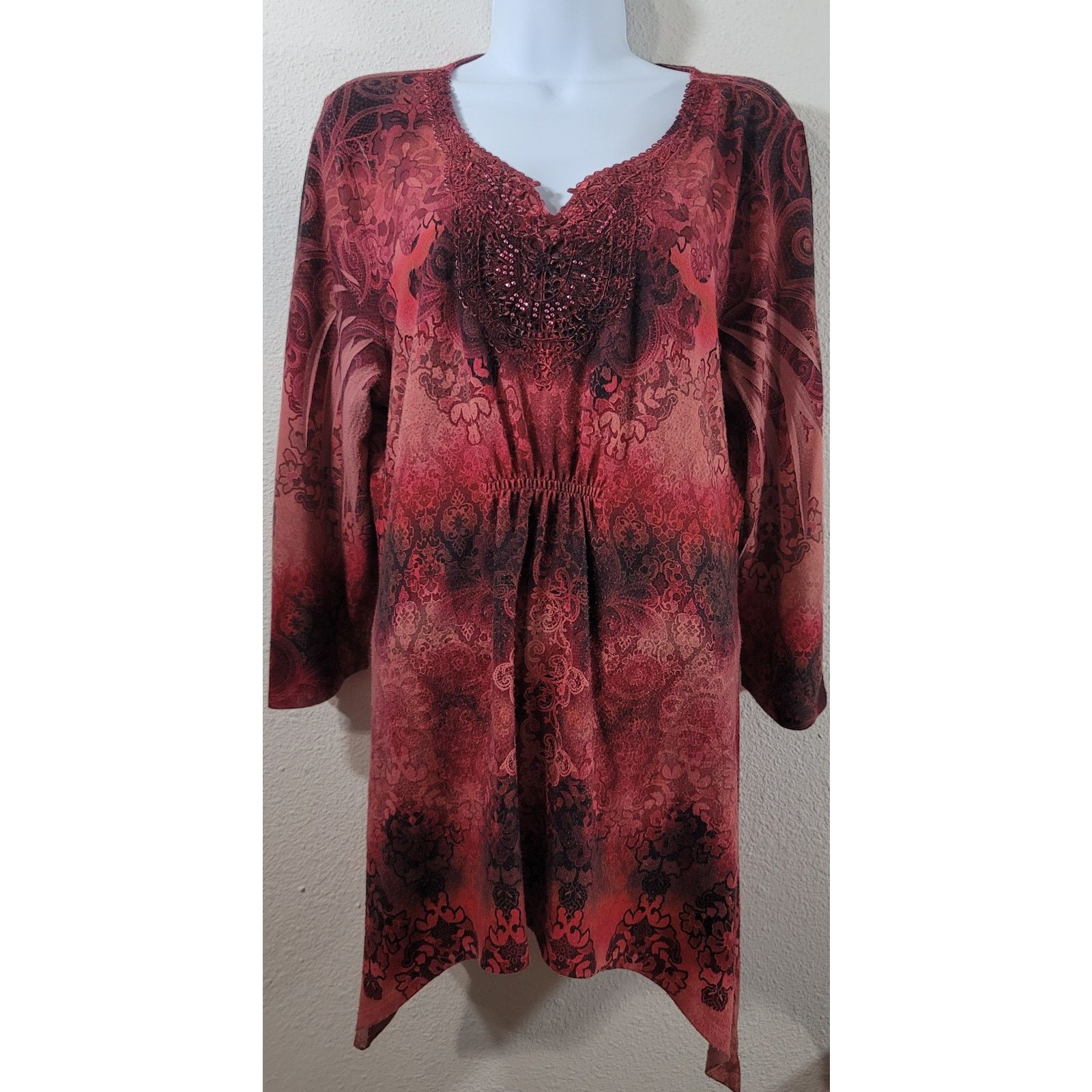 Other World Unity Red Burgundy Lace Bodice Rhinestone Top Large Size L / US 10 / IT 46 - 1 Thumbnail