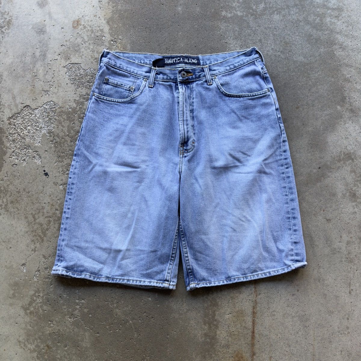 Image of Nautica Baggy Thrashed Faded Denim Jean Shorts Jorts in Blue, Men's (Size 34)