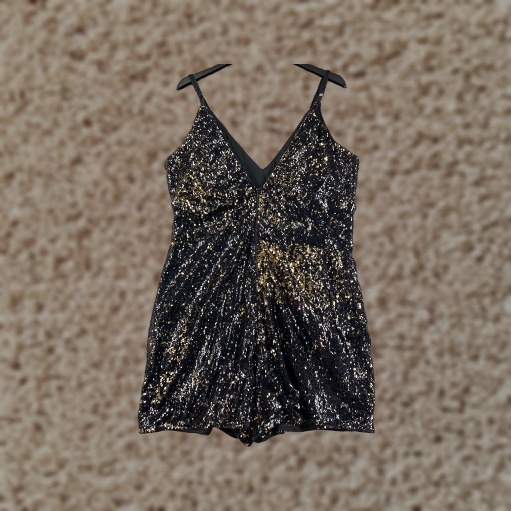 Leith Dress Womens Small Black Gold Sequin V-Neck Cocktail Polyester Lined Mini