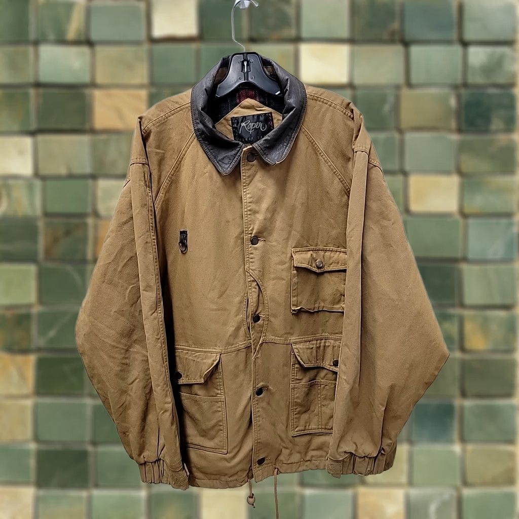 Roper VINTAGE Roper Jacket Mens XL Canvas Leather Collar Plaid Lined Overcoat Brown Size US XL / EU 56 / 4 - 1 Thumbnail