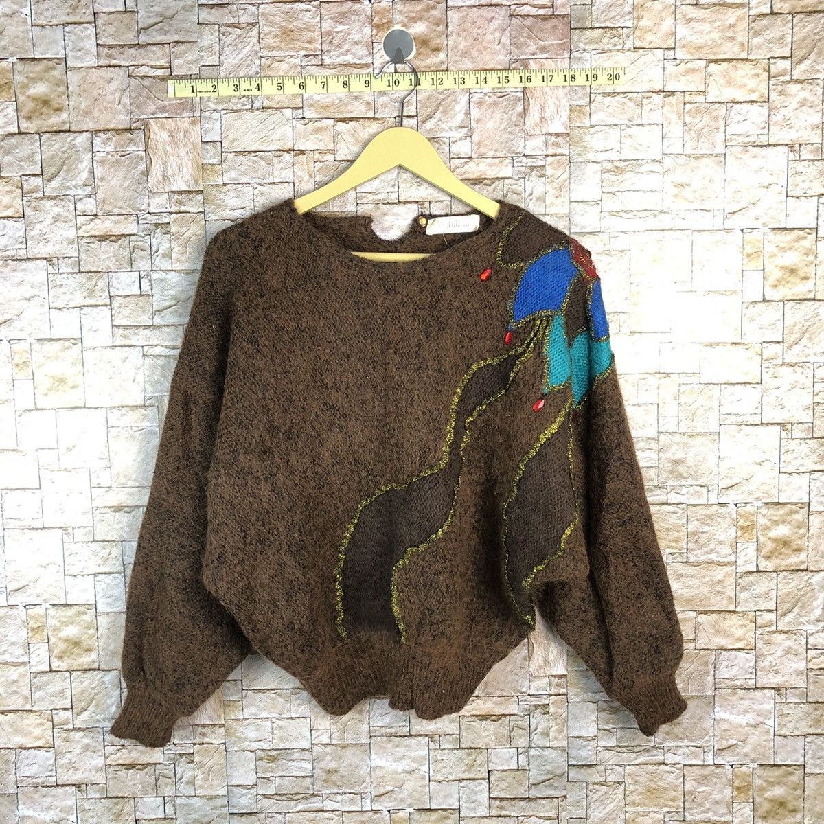 DL Vintage Art Pattern Mohair shaggy fur Knit Sweater #A693