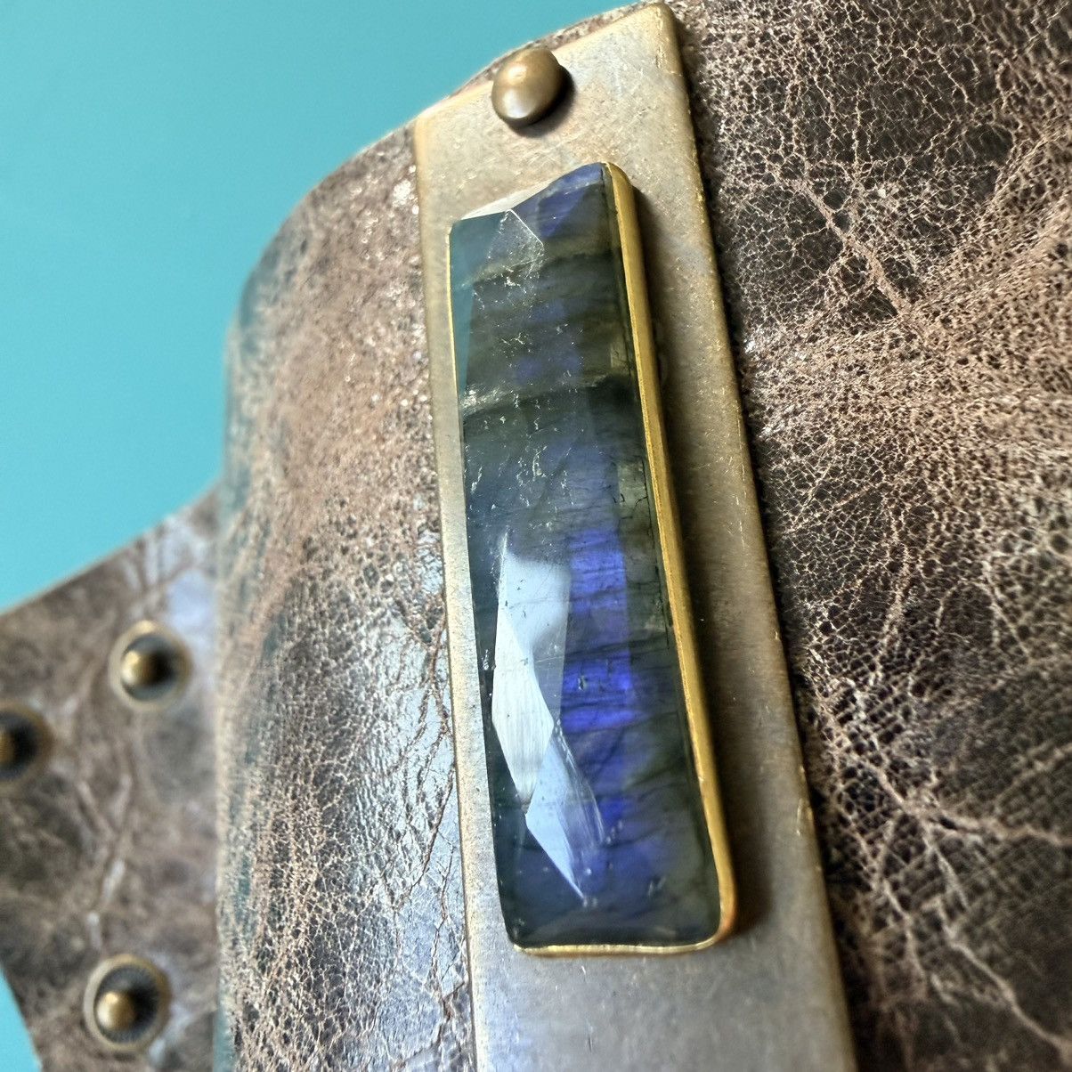 Other Wide Leather Cuff Labradorite Stone Brass Rivets Boho Size ONE SIZE - 12 Thumbnail