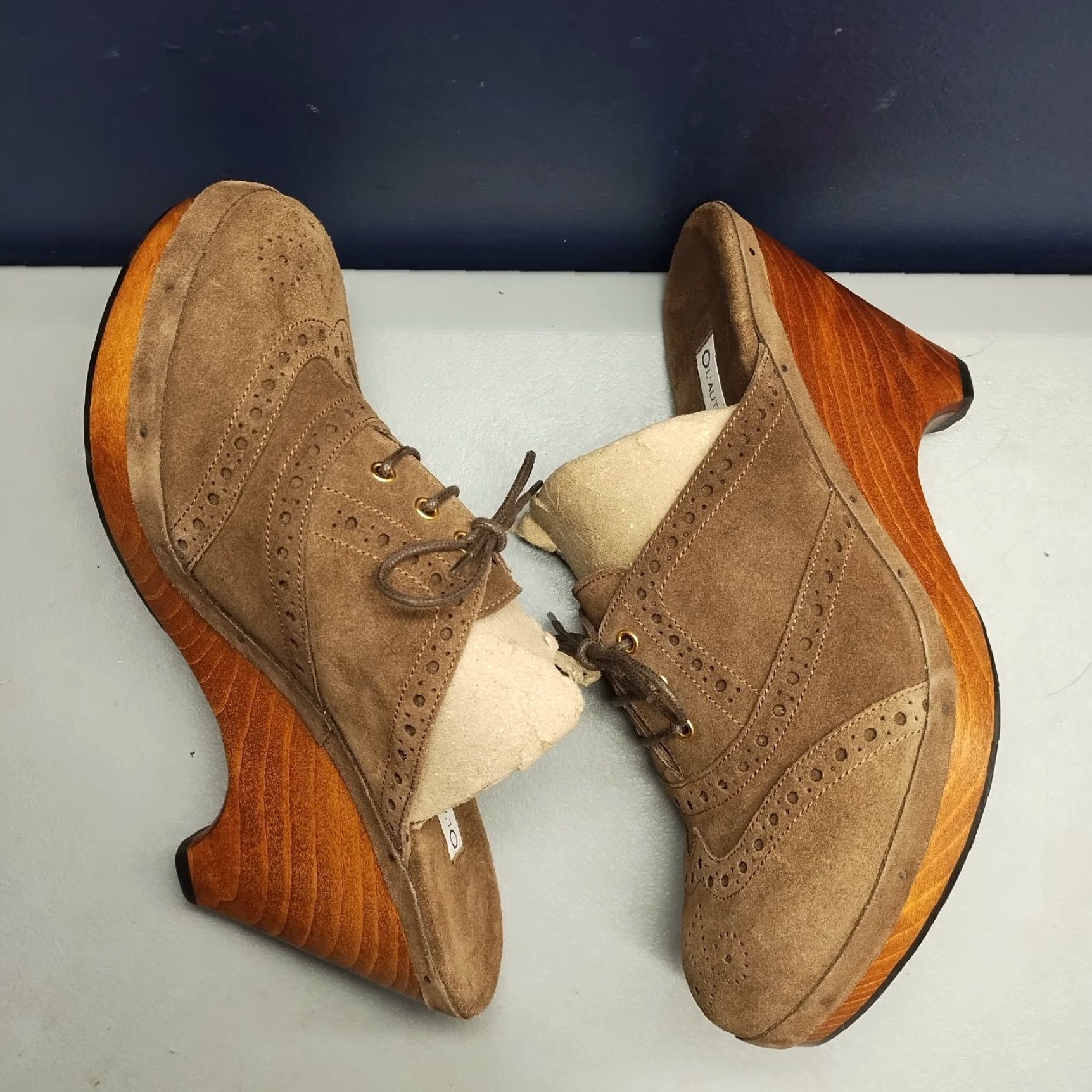 Vintage L'Autre Chose Oxford Wood Mules Womens Size 7 Brown Comfort Wedge Heel Lace Up Shoes Size US 7 / IT 37 - 3 Thumbnail