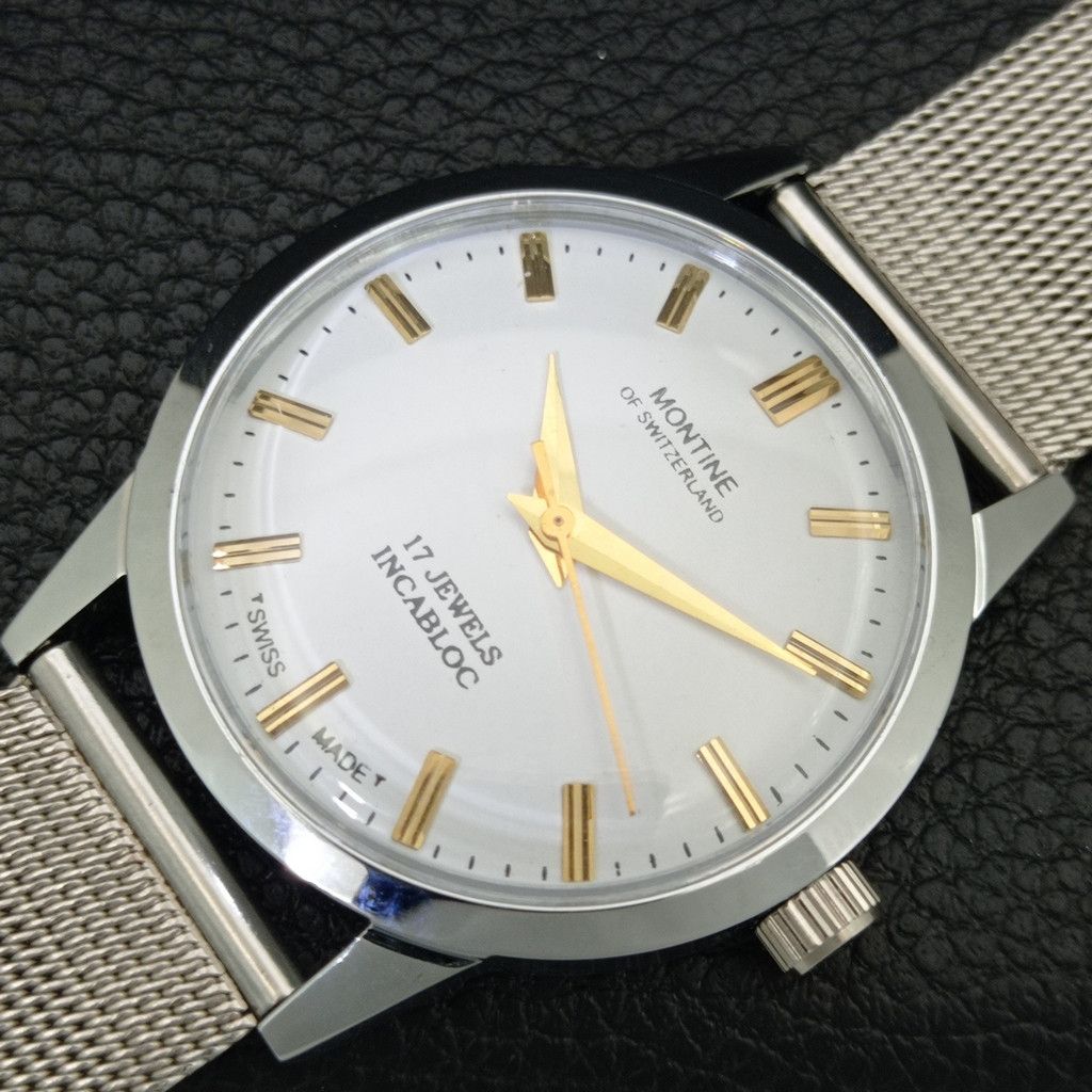 Other VINTAGE MONTINE HAND-WINDING SWISS MENS WHITE WATCH a444166 Size 38 - 6 Thumbnail