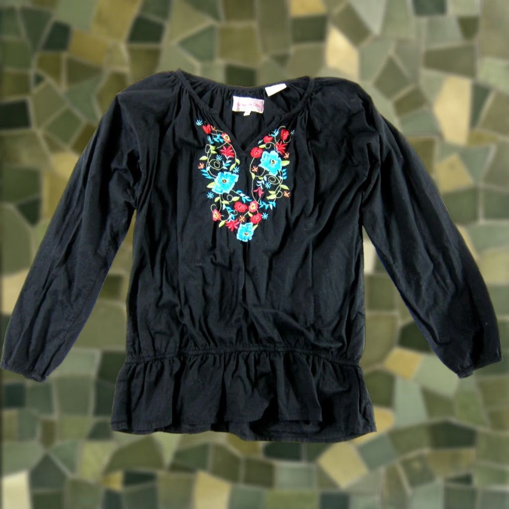 Vintage Panhandle Slim Blouse 100% Cotton Black Embroidered Floral Long Sleeve Peasant Blouse L Womens Size L / US 10 / IT 46 - 1 Thumbnail