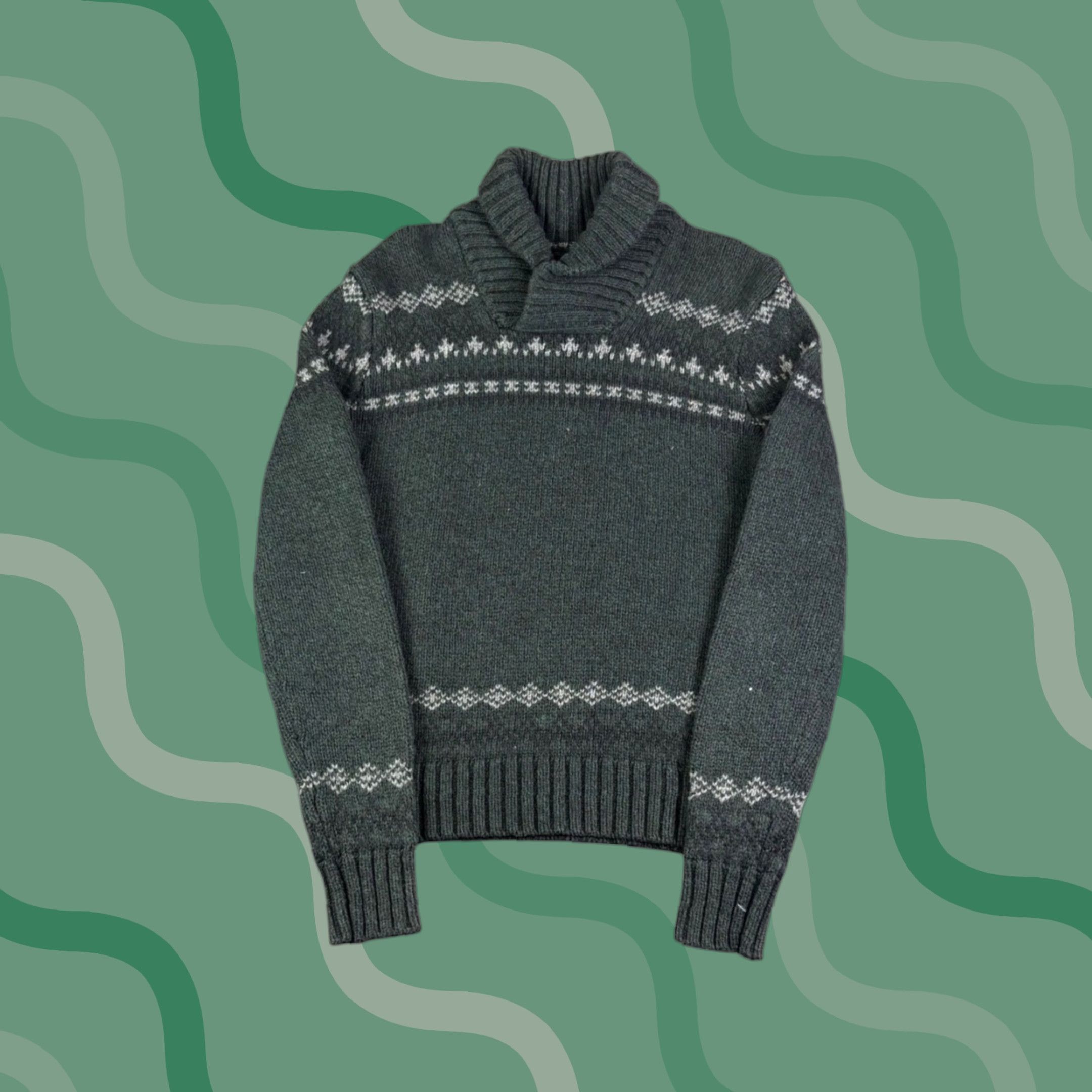American Eagle Outfitters American Eagle Mens Small Green Fair Isle Shawl Collar Sweater Athletic Fit Size US S / EU 44-46 / 1 - 1 Thumbnail