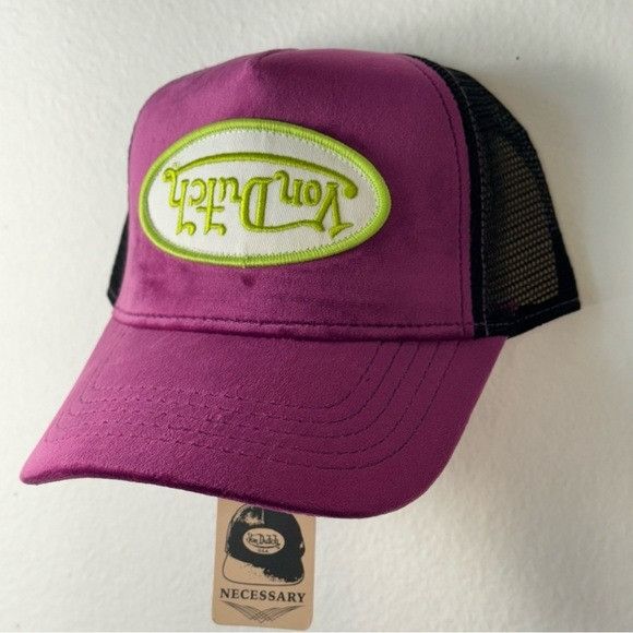 Designer × Von Dutch NWT VON DUTCH PURPLE LIME VELVET CRUSH TRUCKER HAT Size ONE SIZE - 4 Thumbnail