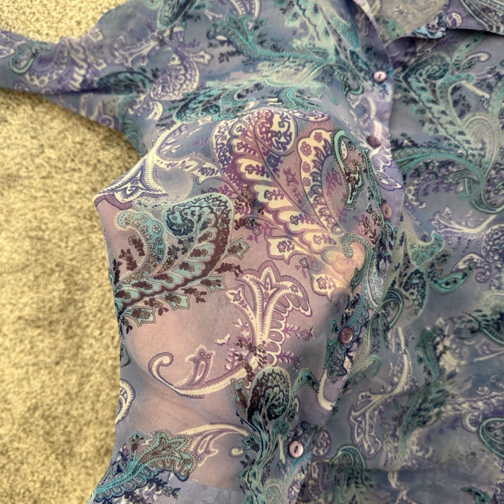 Vintage VINTAGE Notations Blouse Shirt M Purple Paisley Boho Sheer Button Up Layering Women Size M / US 6-8 / IT 42-44 - 4 Thumbnail
