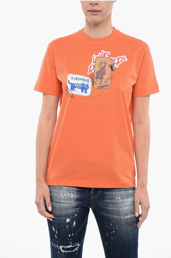 image of Dsquared2 Crew Neck Cotton T-Shirt With Patches in Orange, Women's (Size Small)